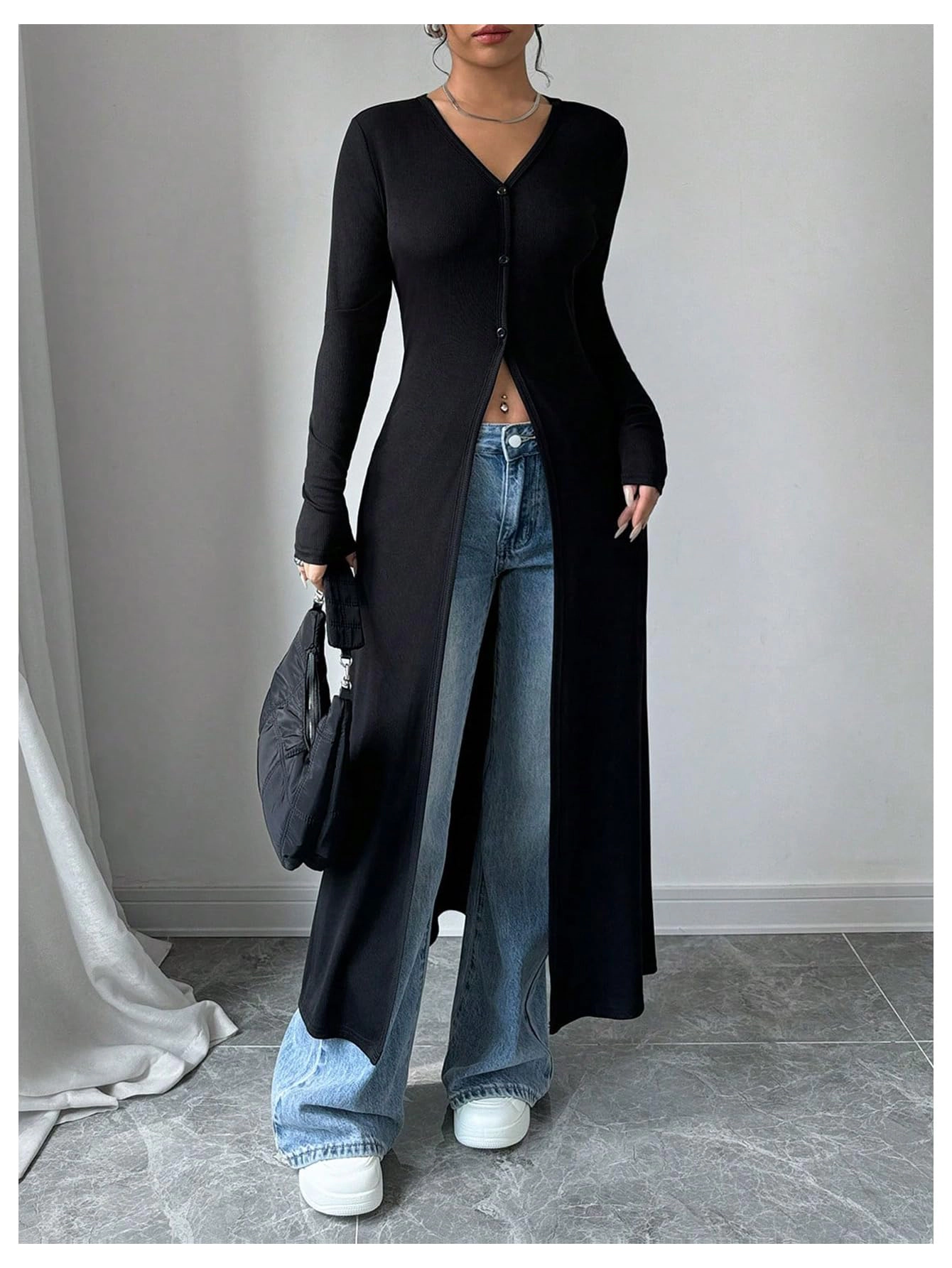 KOJOOIN Women Maxi Duster Cardigan V‑Neck Ribbed Knit Button Front Fitted Long Streetwear Outerwear