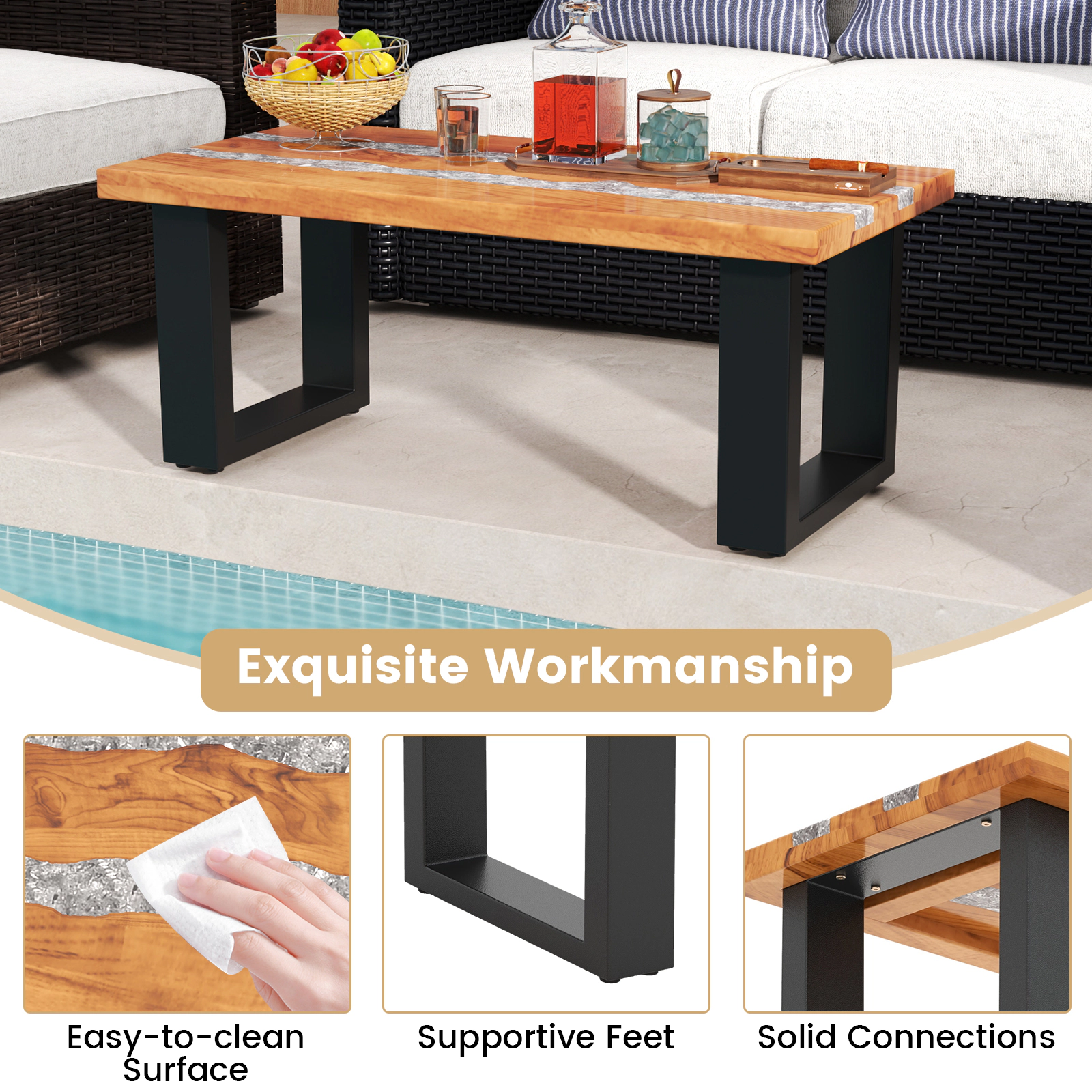 Glintex 40-Inch Teak Wood Coffee Table with River-Style Epoxy Tabletop, Natural
