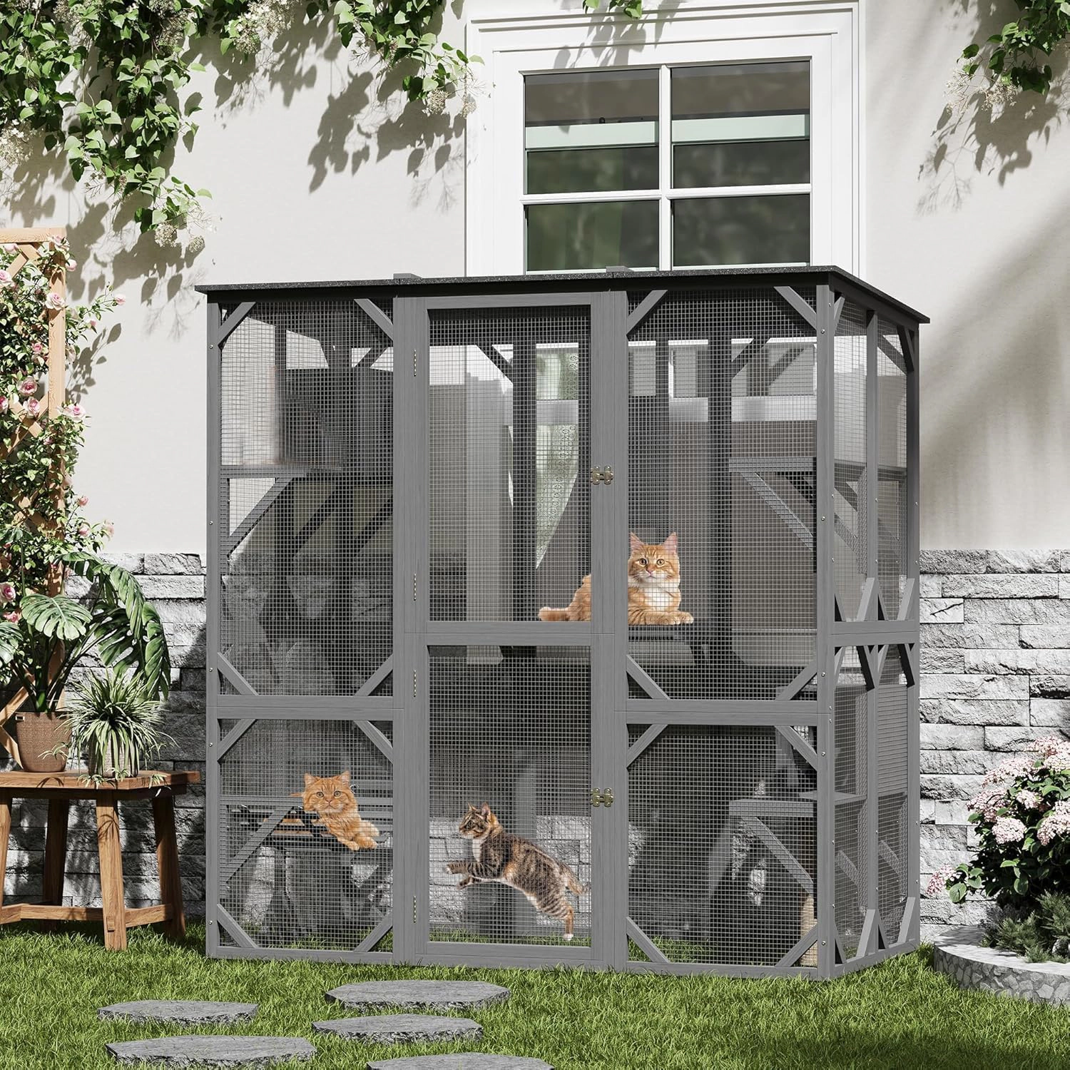 173x92.4x177cm Large Outdoor Wooden Catio Enclosure, Walk-In Cat Cage with Platforms, Gray