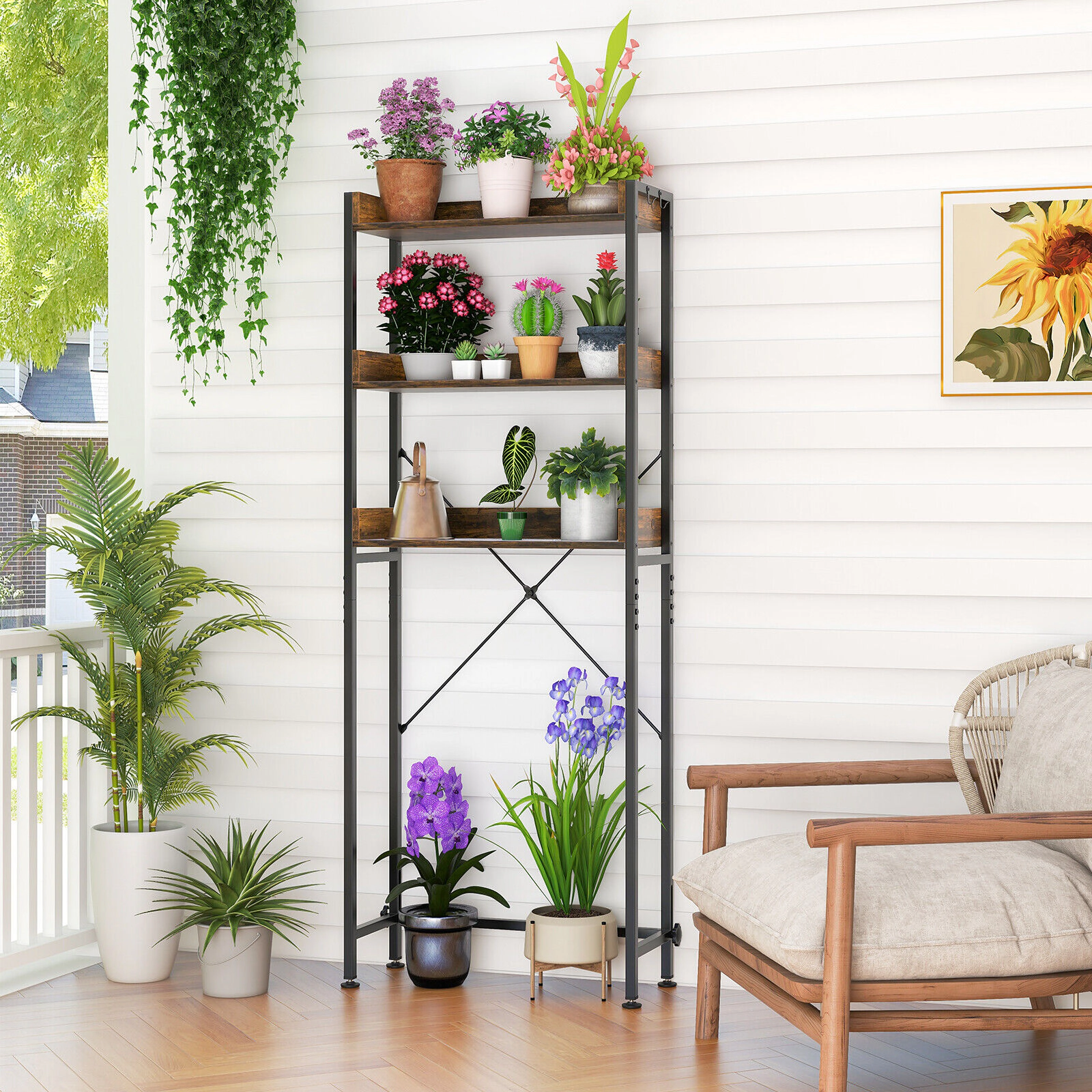 SUGIFT Rustic Brown Freestanding Over the Toilet Rack with Adjustable Bottom Bar 4 Towel Hooks and Shelves