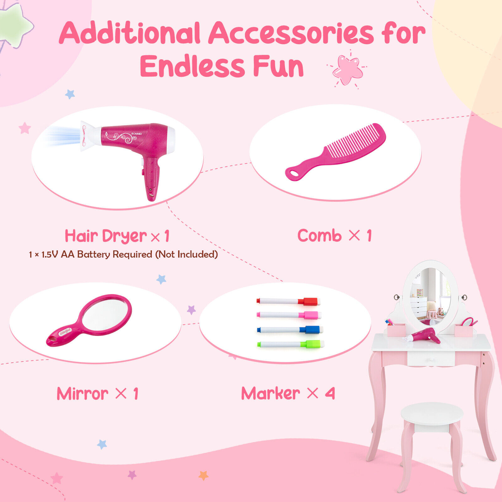 SUGIFT 2-in-1 Detachable Kids Vanity Table & Stool Set 360° Rotatable Mirror 66-lb Tabletop Capacity Ages 3-7 Pink +