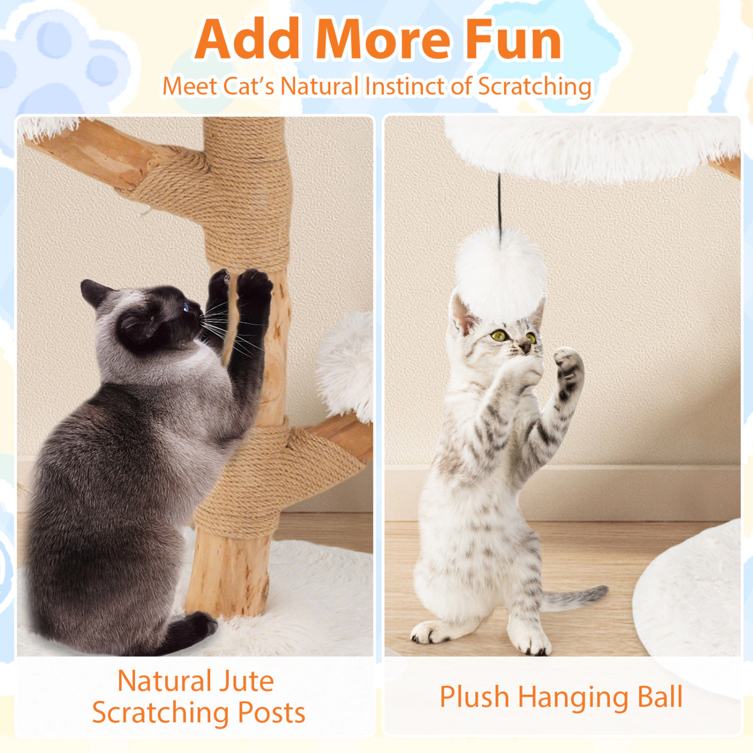 SUGIFT White Solid Pear Wood Cat Tree with 16 in Perch and Natural Jute Posts