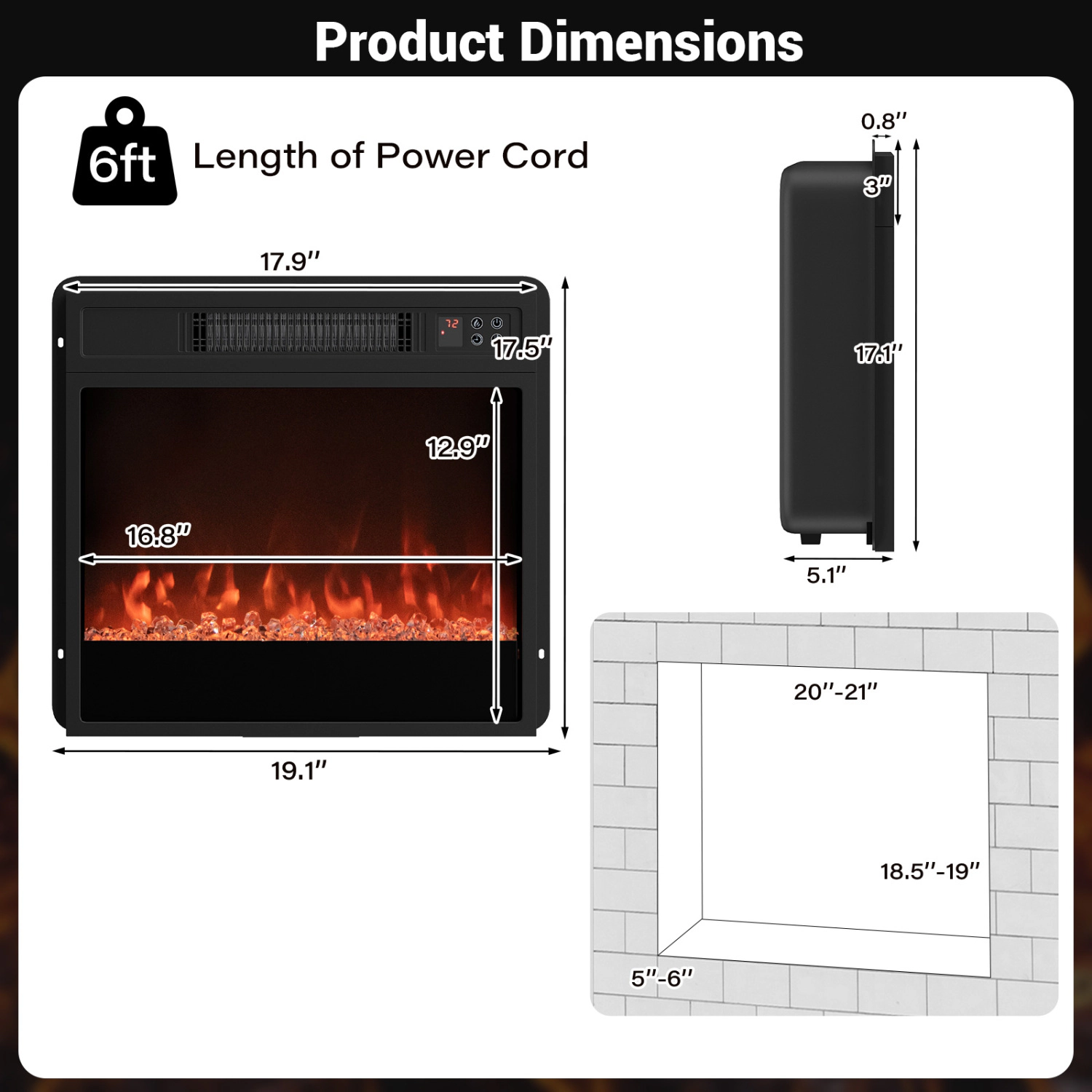 LJG 5000 BTU 18-Inch Electric Fireplace Insert with Remote Control and Brightness