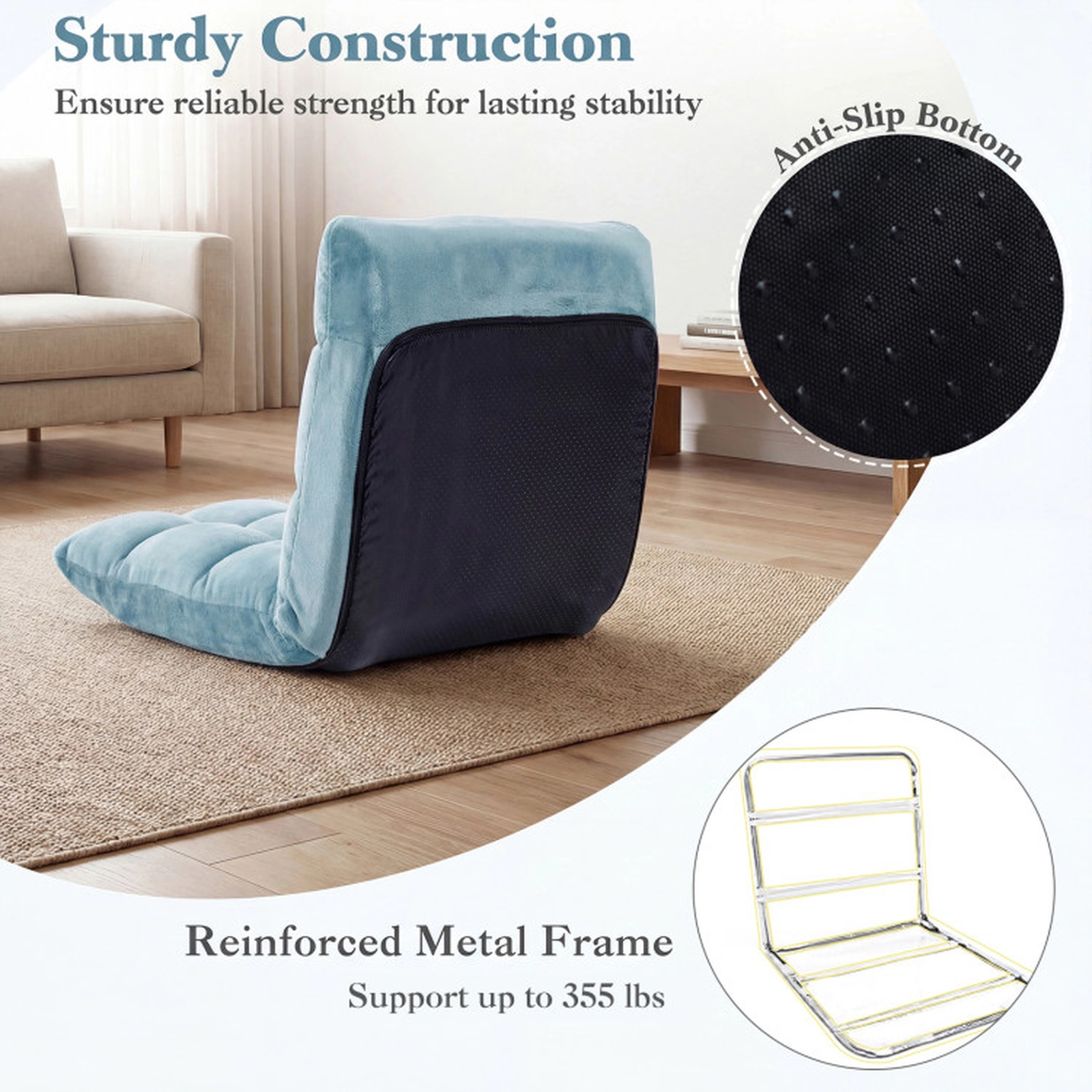 SUGIFT 14-Position Adjustable 200-lb Capacity Green Cushioned Folding Floor Chair with Back Support