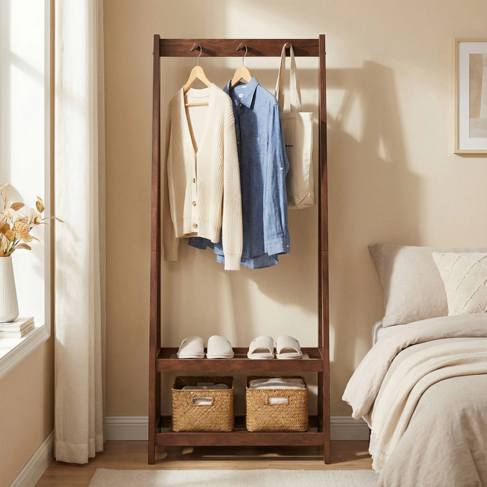 SUGIFT Walnut 55-in Tall Freestanding Solid Rubber Wood Clothes Rack with 3 Hooks and 2 Storage Shelves