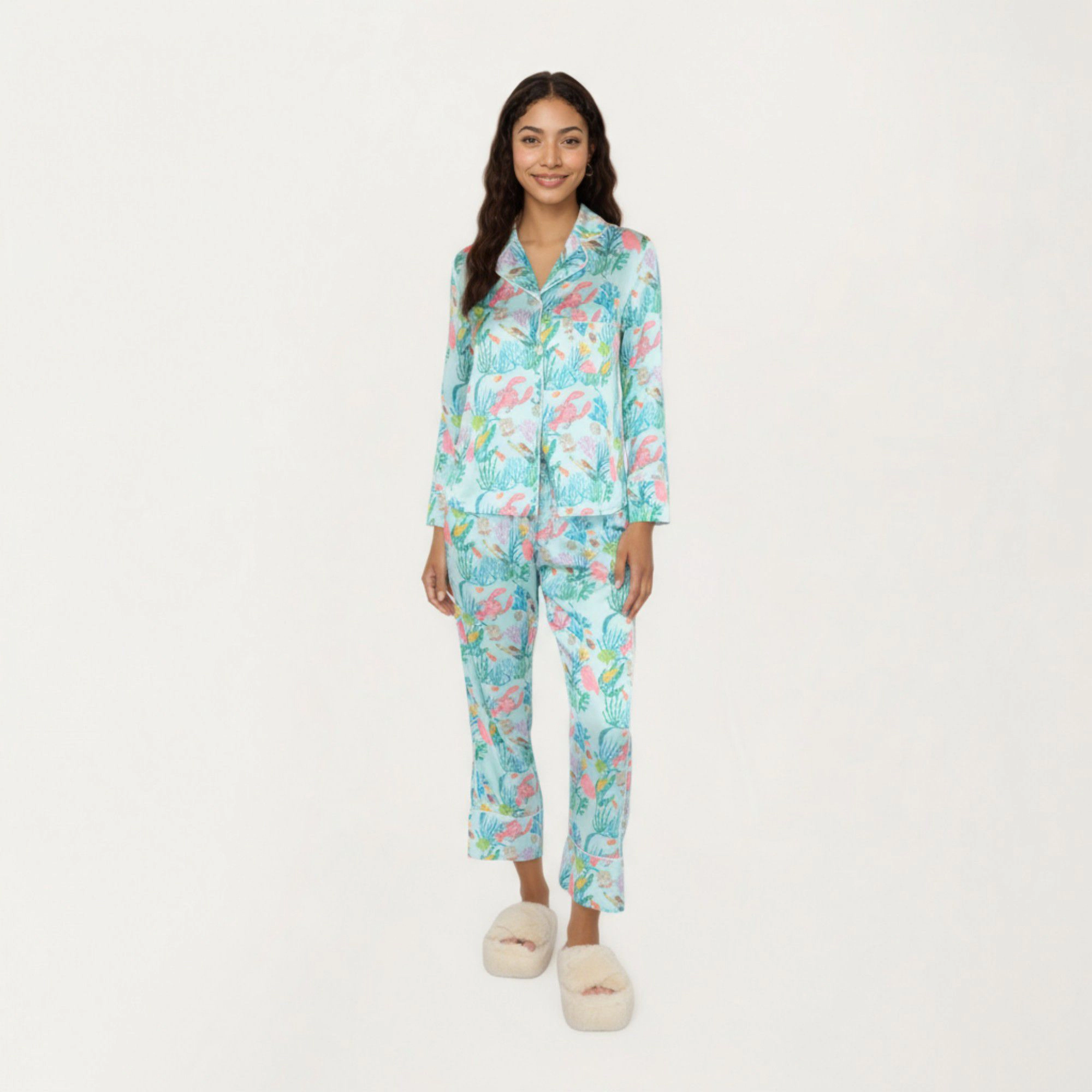 Anna-Kaci Women's 2-Piece Button Front Pajama Set with Ocean Print and Soft Silky Fabric for Relaxed Comfort