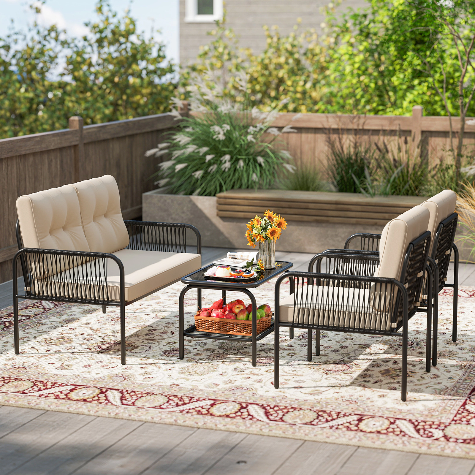LJG 4 Pieces Patio Furniture Set PE Rattan Sofa Chairs with Loveseat