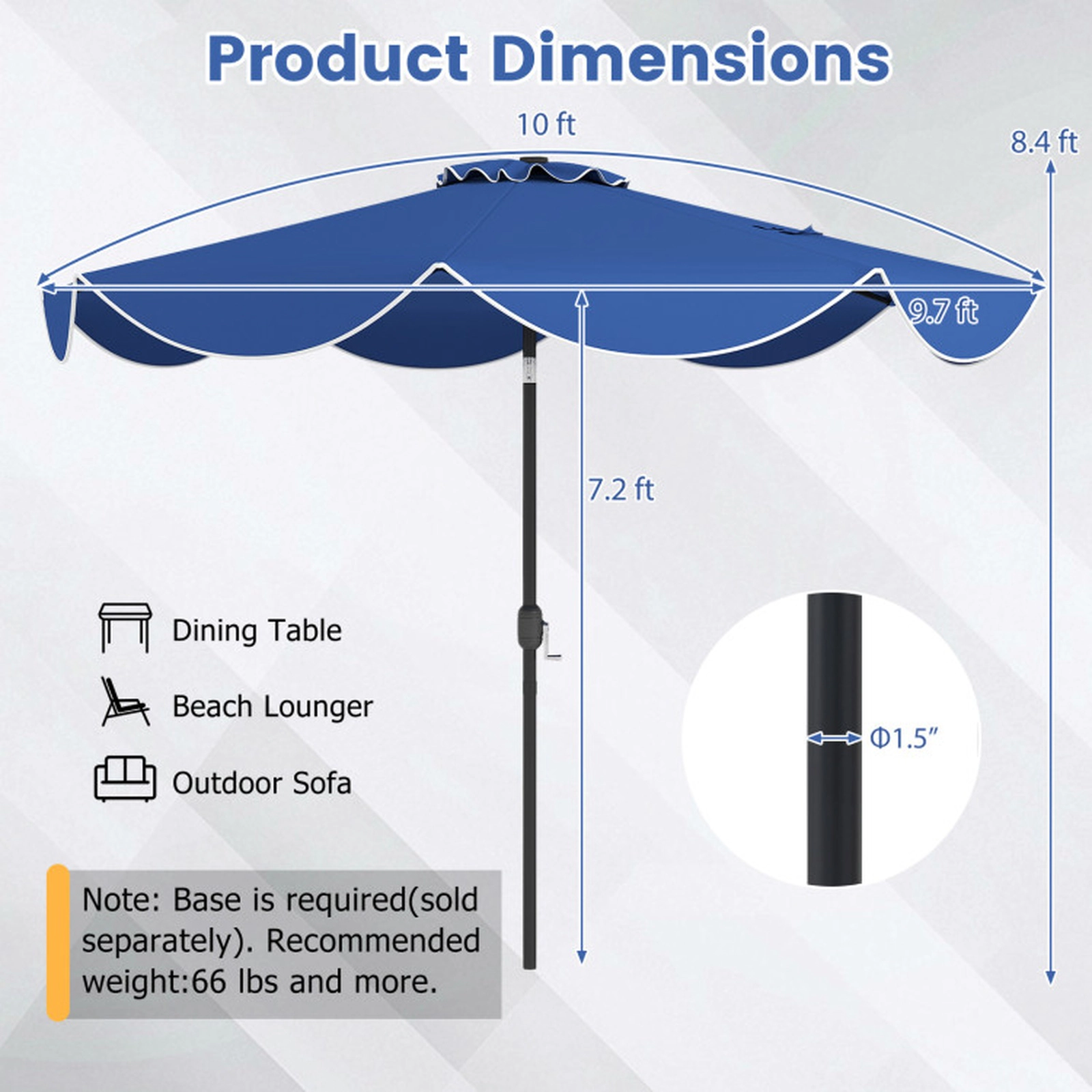 SUGIFT 10-ft Scalloped Solar Patio Umbrella with 24 LED Lights Push Button Tilt and Crank Handle 9.7 x 8.4 in Navy