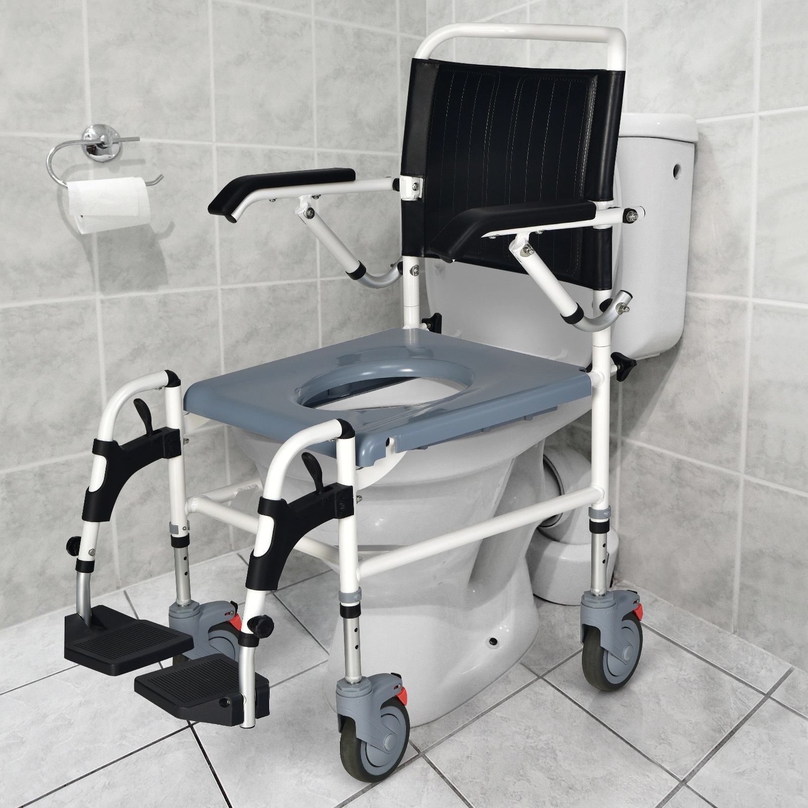 SUGIFT 300-lb Capacity 4-in-1 Bedside Commode Wheelchair with Detachable Bucket Lid and Locking Wheels