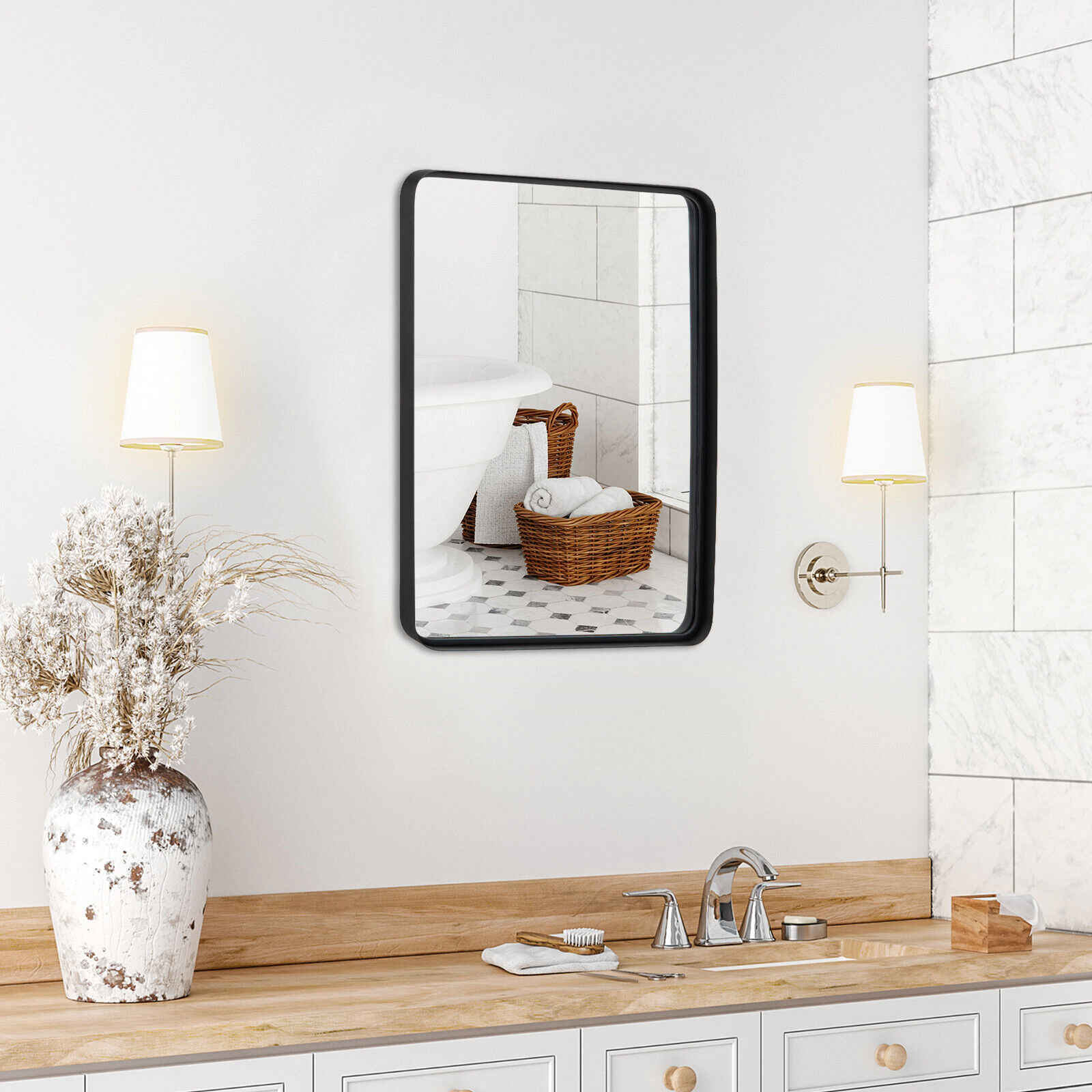 SUGIFT Black Medium Rectangular Wall Mount Bathroom Mirror with Steel Frame and MDF Backboard 30-in H 22-in W