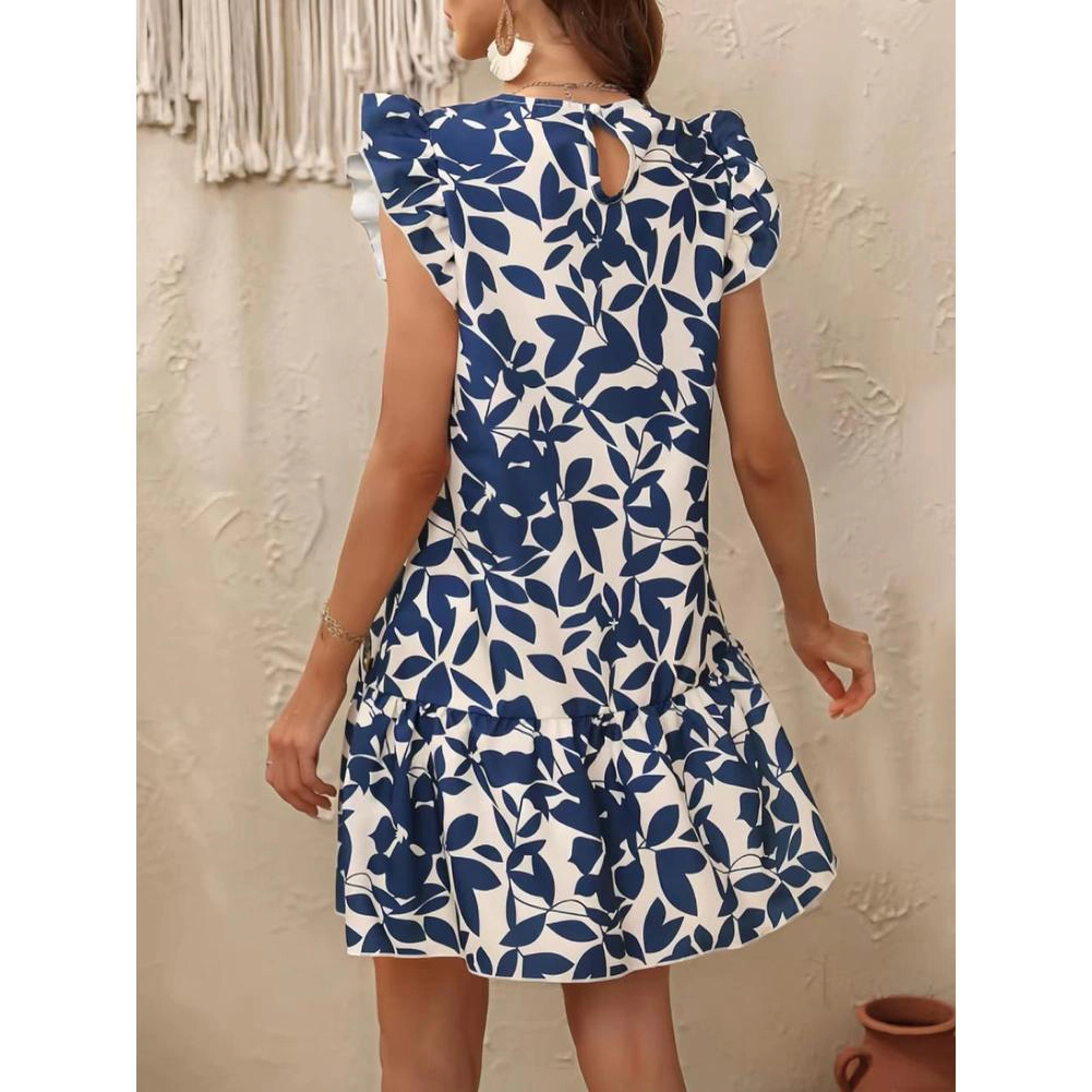 KOJOOIN Women's Printed Dress Short Ruffle Sleeve Flowy Knee Length Vacation