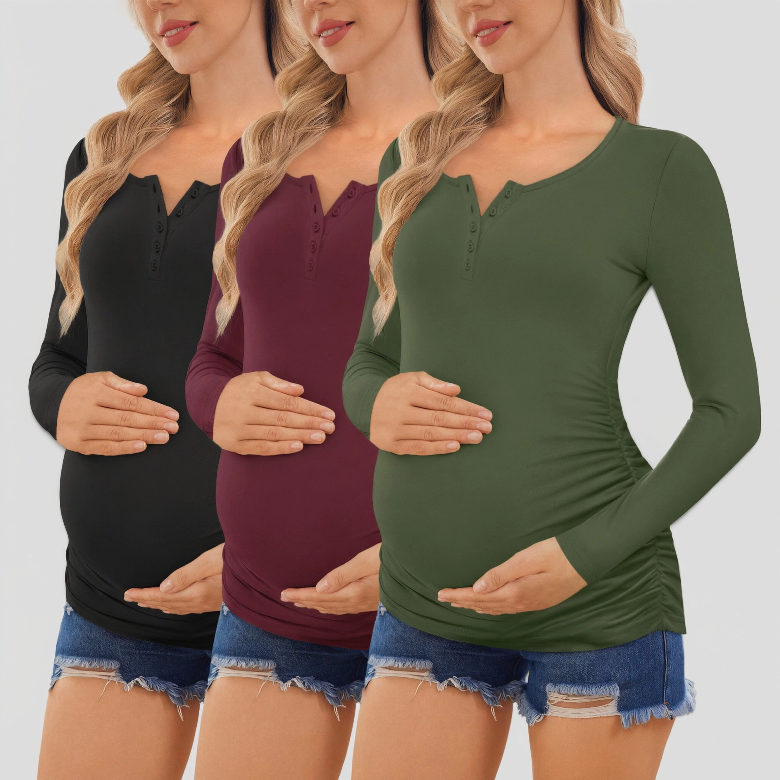 Ekouaer Women's Maternity Henley V Neck Long Sleeve Ruched Tunic Top
