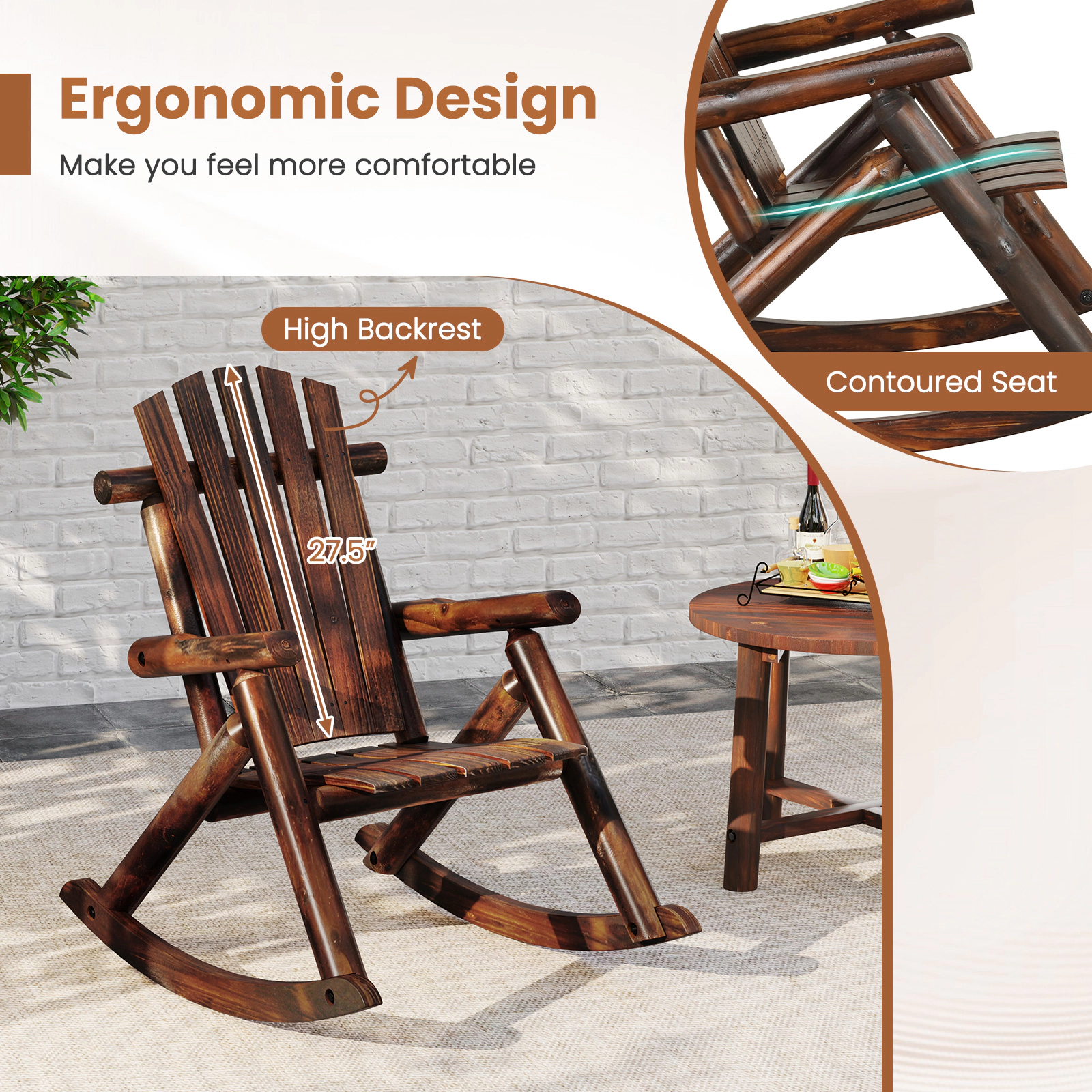 SUGIFT Outdoor Adirondack Rocking Chair for Adults 330-lb Capacity Brown/Natural