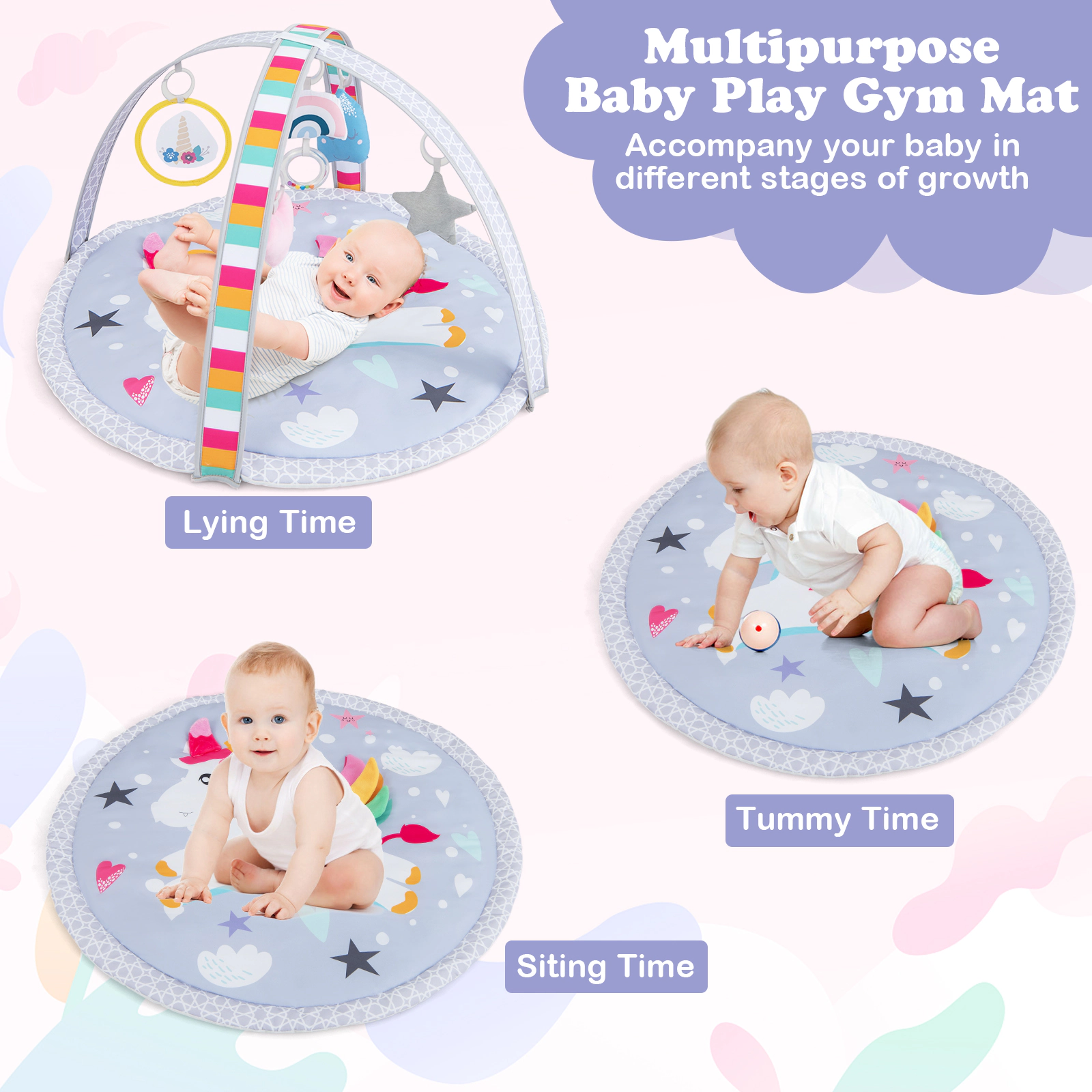 SUGIFT 7-in-1 Baby Play Gym Tummy Time Activity Mat with 5 Detachable Toys Ages 0-12 Months Multicolor