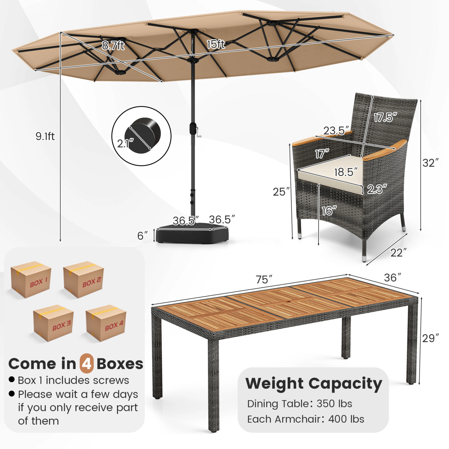Hivvago 10 Pieces Patio Wicker Dining Set with 15 Feet Double-Sided Patio Umbrella