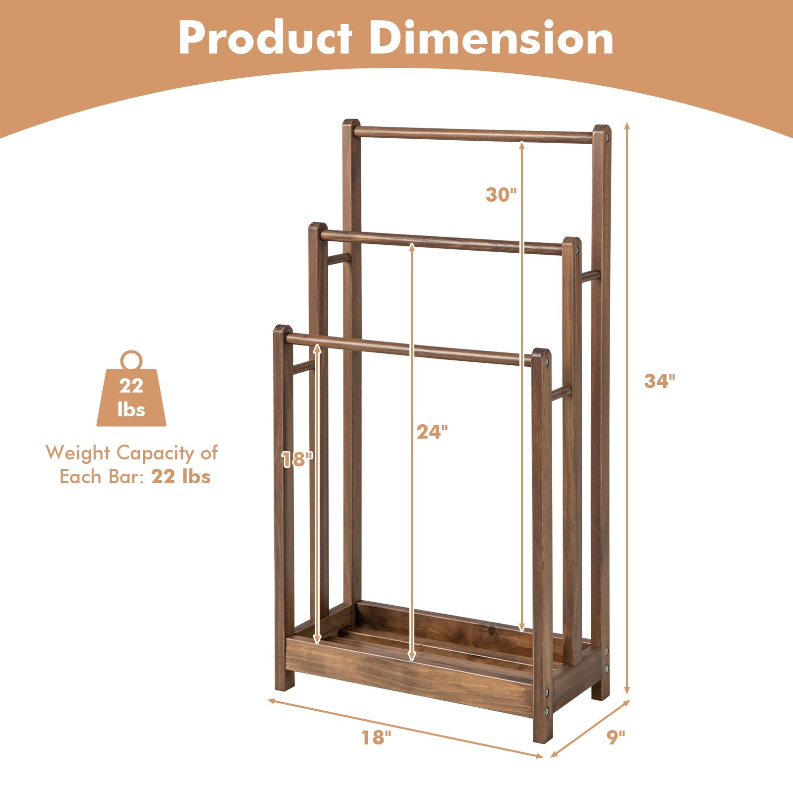 SlickBlue Freestanding Towel Rack, 3-Bar Fir Wood Drying Stand