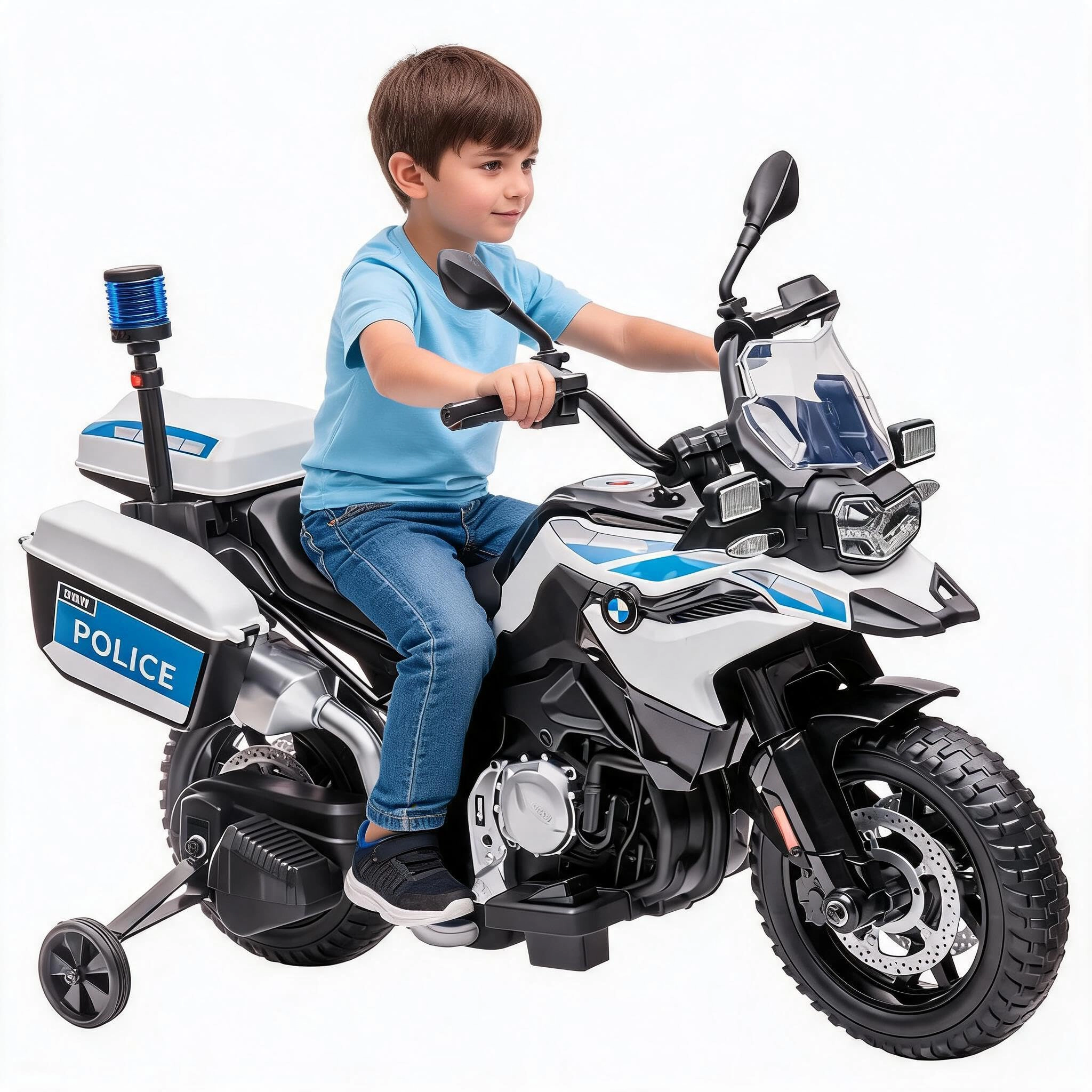 12V Licensed BMW Police Motorcycle for Kids, Ride On Bike w/High-Low Speed, LED Lights, 2 Storage Boxes & Suspension