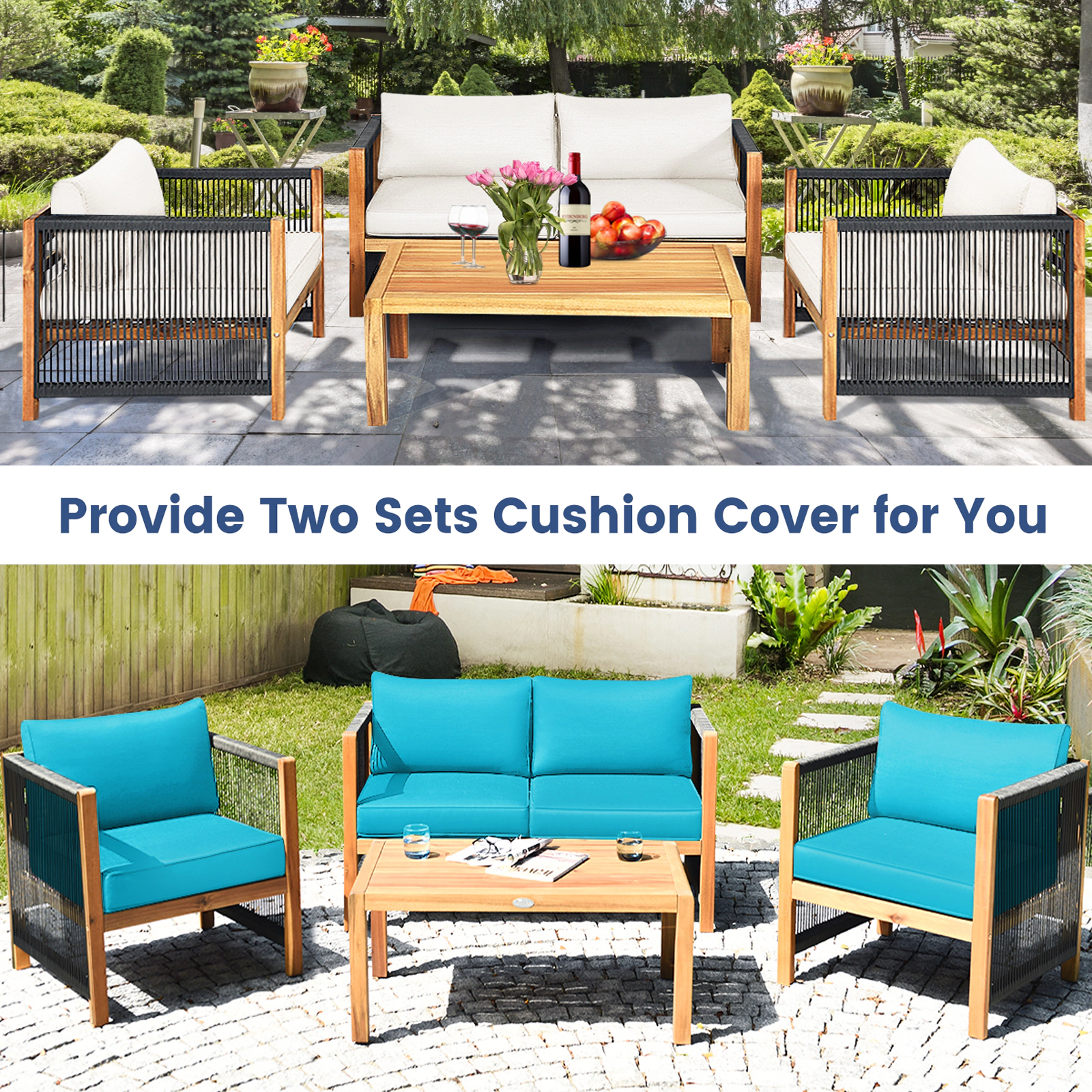 LJG 4 Pieces Wood Outdoor Patio Furniture Set with Cushions for Garden