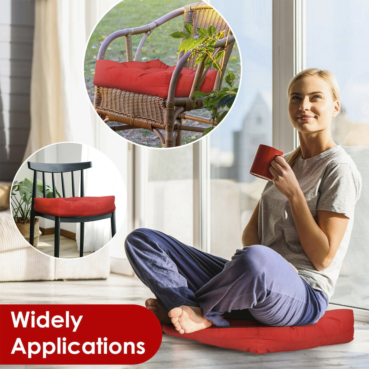 SUGIFT Set of 2 Red Square Patio Chair Seat Cushion Pads with Reversible Design 21-in W 21-in D 4-in H