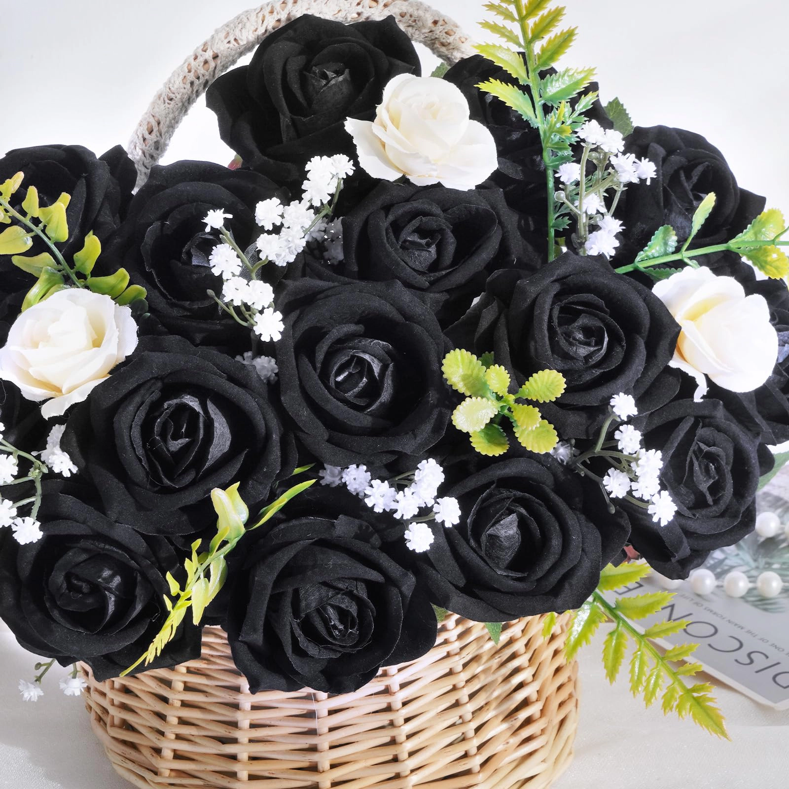 PUPWE 50White Roses Artificial Flowers  Real Touch Bouquet