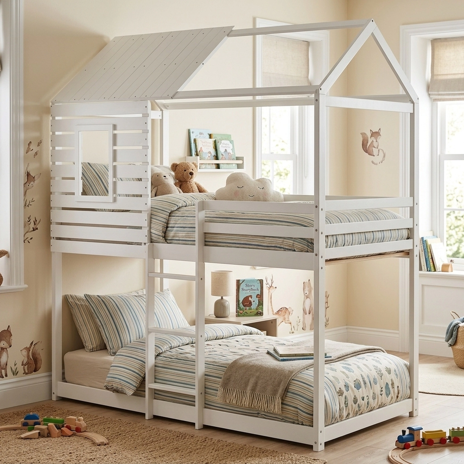 SUGIFT Twin-Over-Twin House Bunk Bed, Solid Pine Wood, Roof, Front Window, White