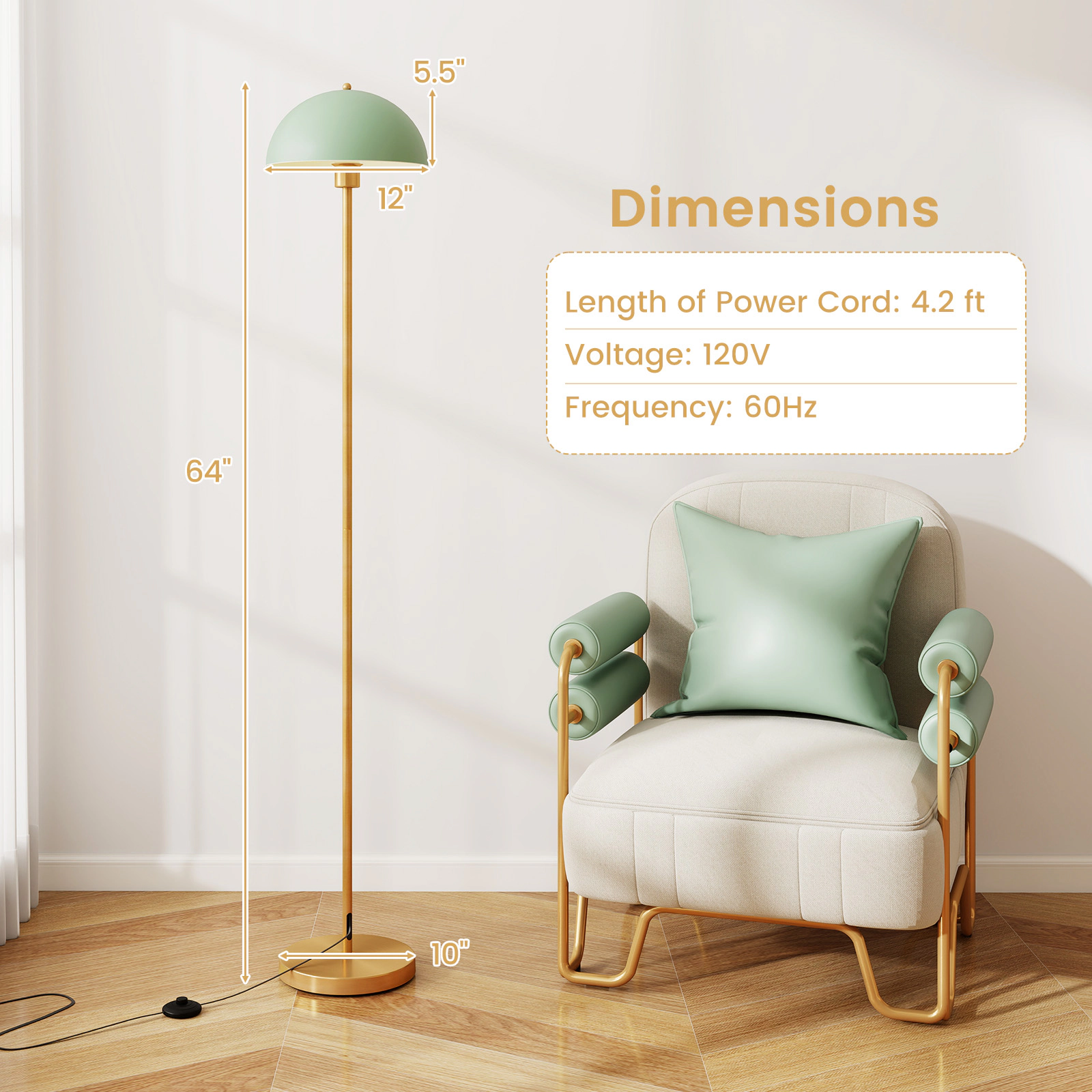 Slickblue Modern Floor Lamp 64in Gold Green E26 Socket Shatterproof Shade Living Room Lamp