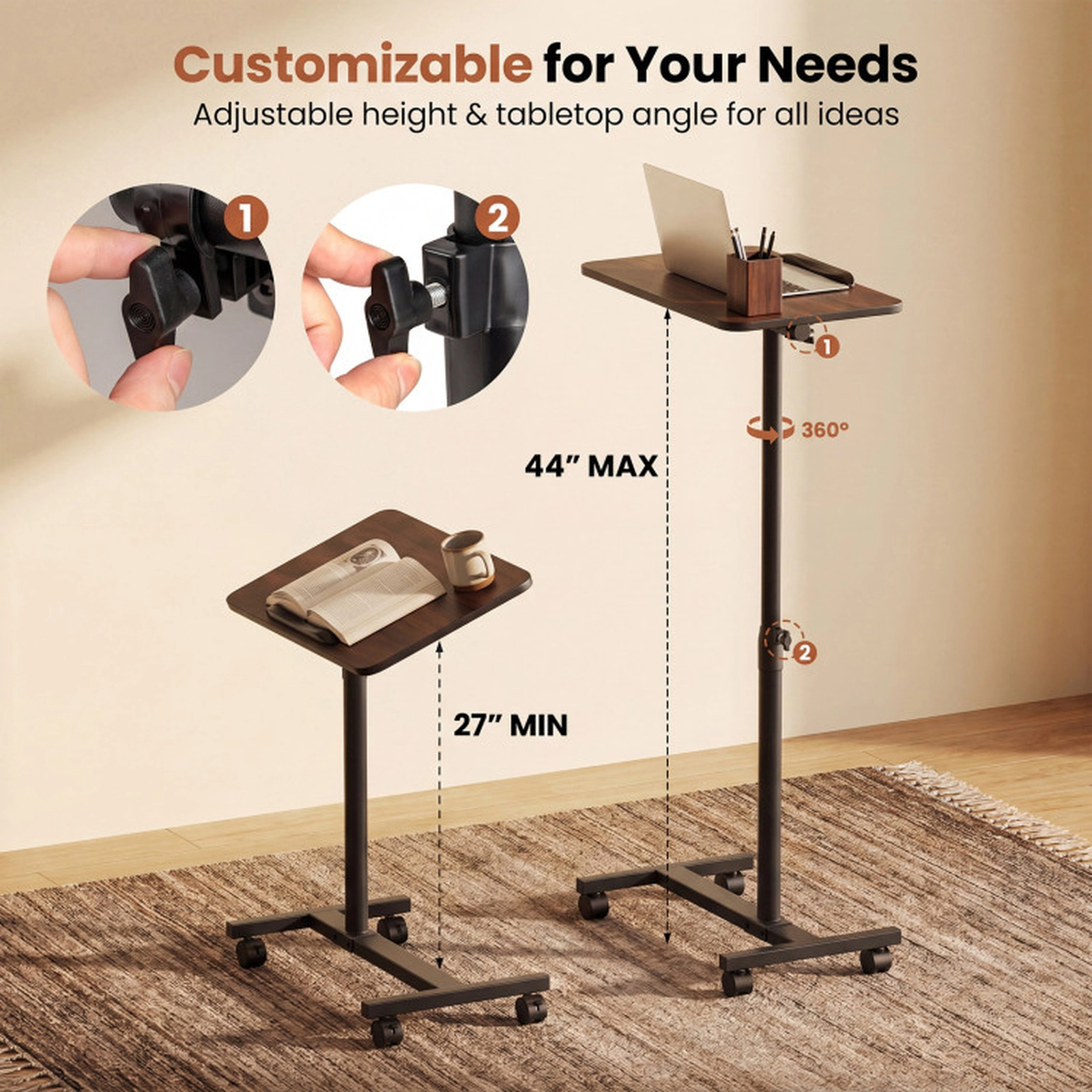 SUGIFT Adjustable Height Rolling Lap Desk Over Bed Food and Laptop Table 33-lb Capacity Brown Black Walnut