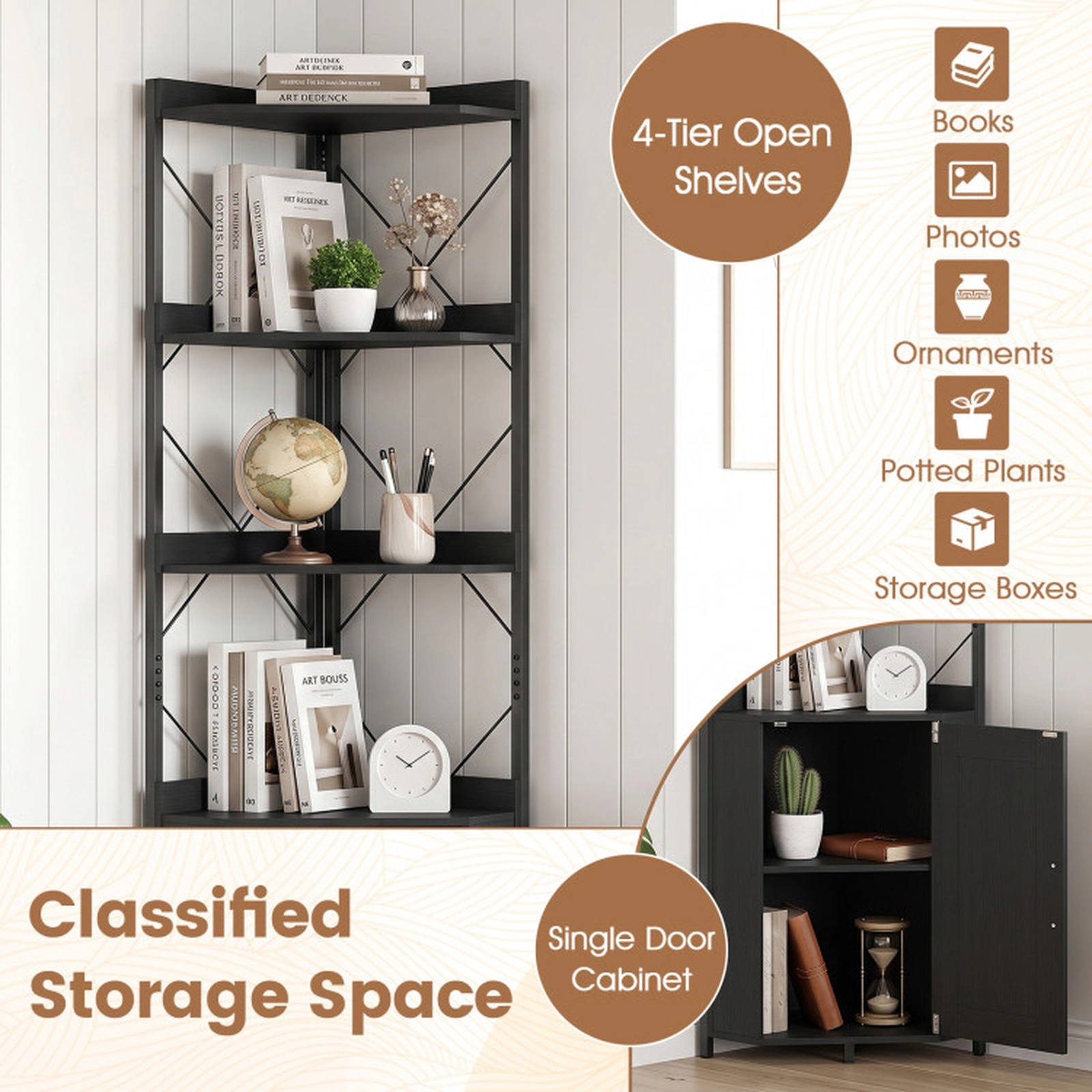 SUGIFT 71-in Tall 6-Tier Freestanding Corner Bookshelf with Cabinet 180-lb Capacity Rustic Brown and Black