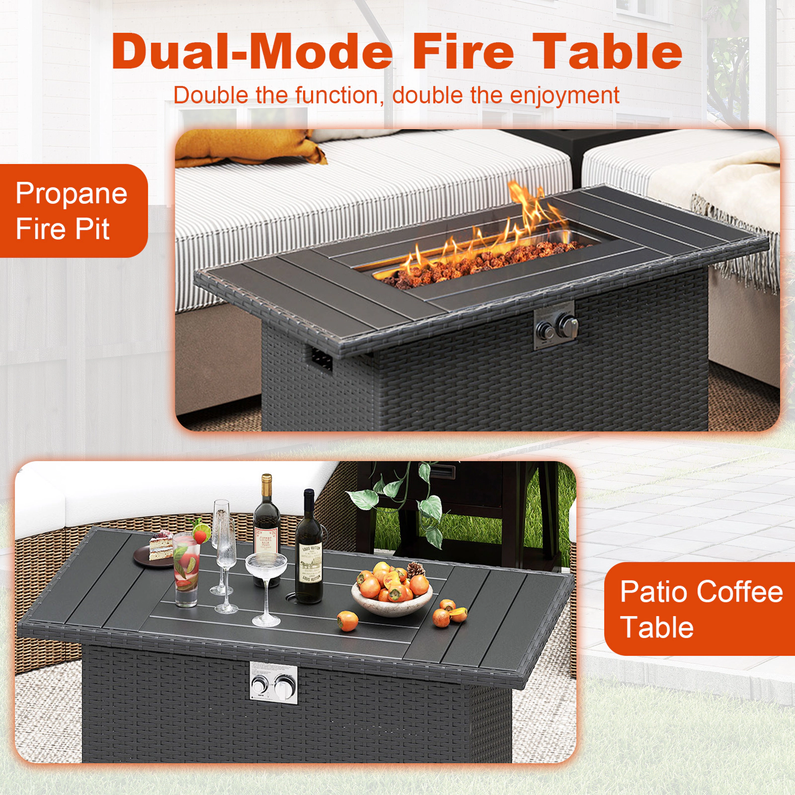 SUGIFT 44.5-in Propane Rattan Gas Fire Pit Table 50,000 BTU 220-lb Tabletop Capacity 2-in-1 Stainless Steel Burner Black