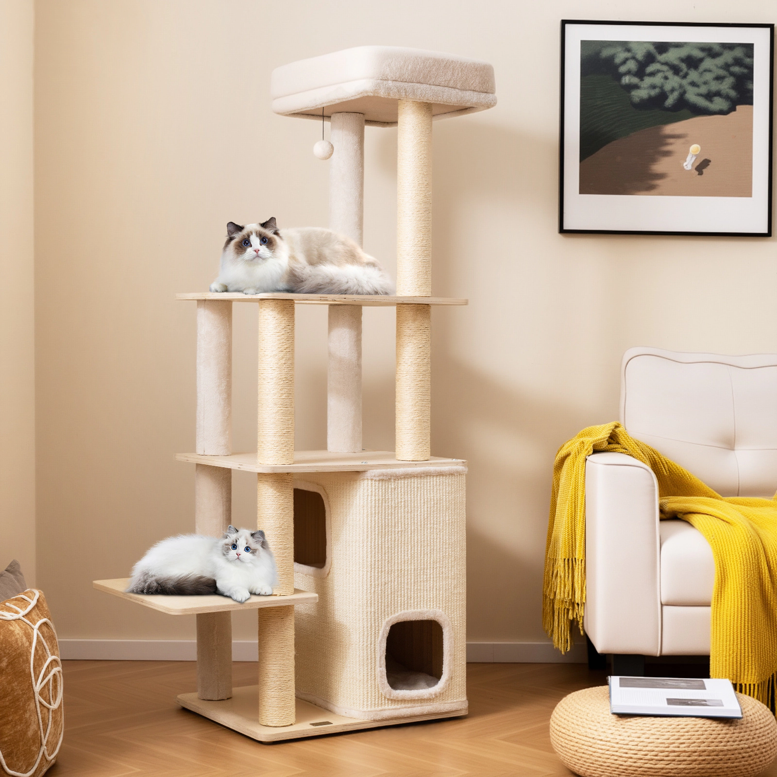 Glintex 63-Inch Cat Tree with 2-Story Bamboo Condo and 44-Lb Layer Capacity, Natural