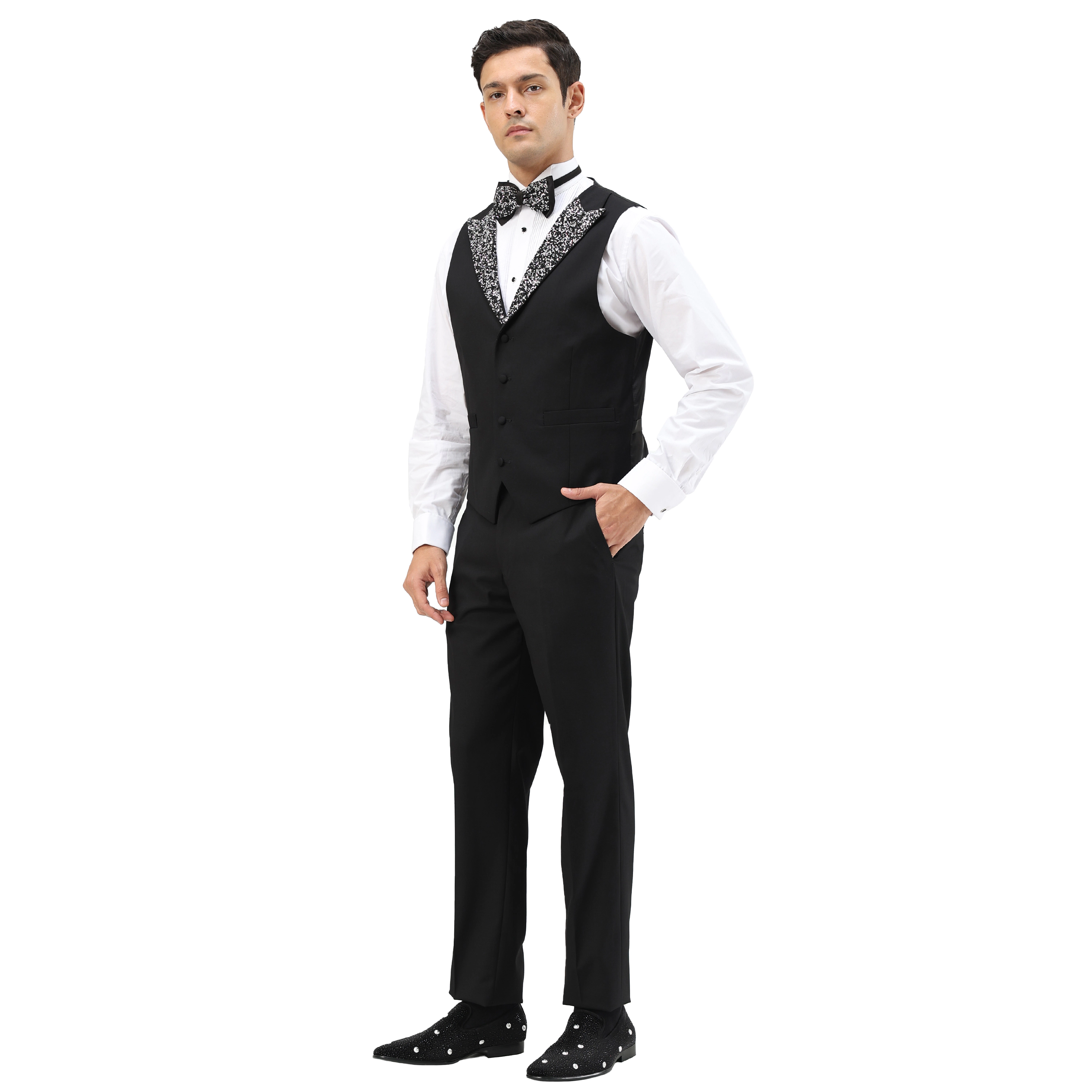 Tazzio Men's Skinny Fit Rhinestone Peak Lapel 3-Piece Suit Set