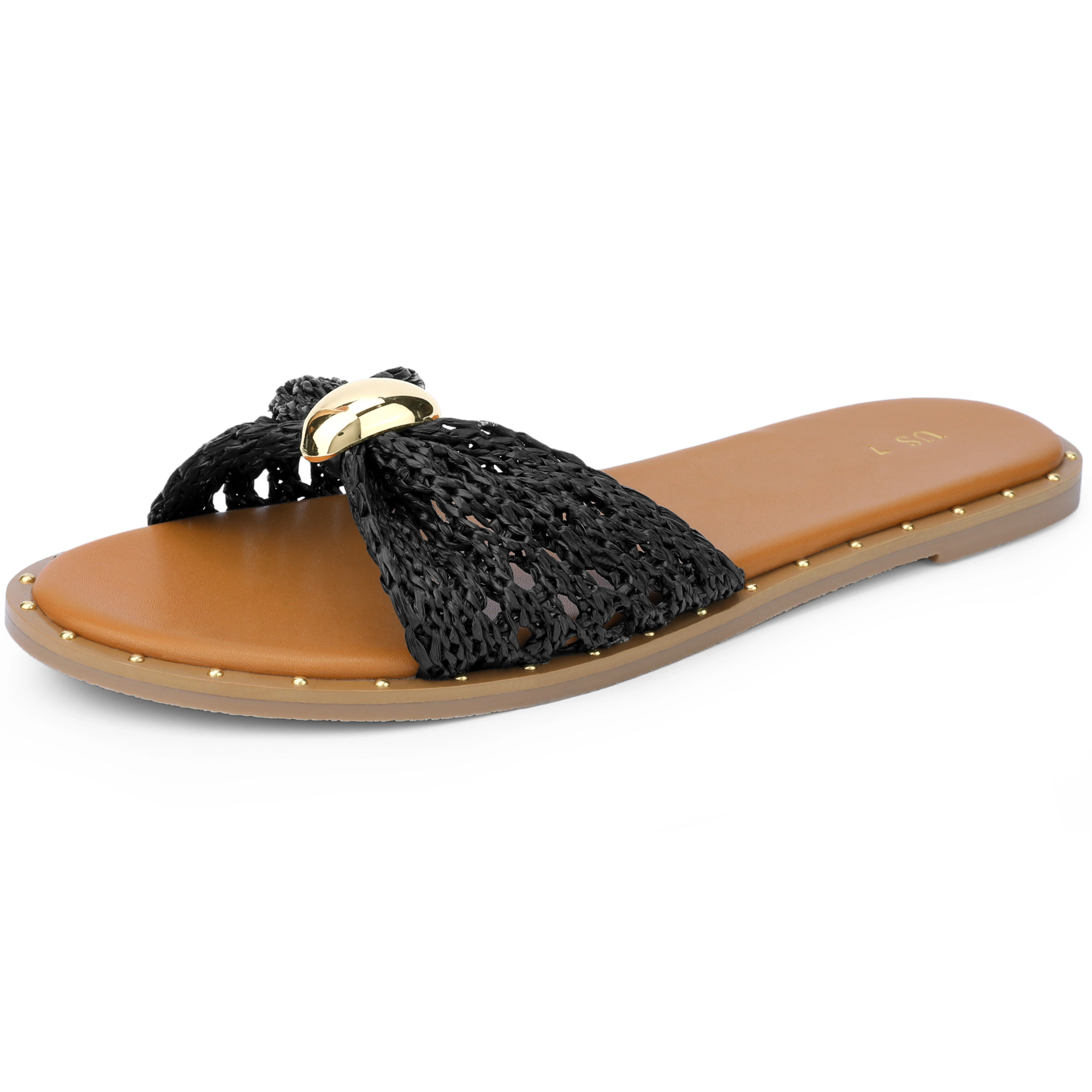 BLISSFUL STEP Women's Raffia Knot Open Toe Slippers Slip-On Slides Flats Sandal