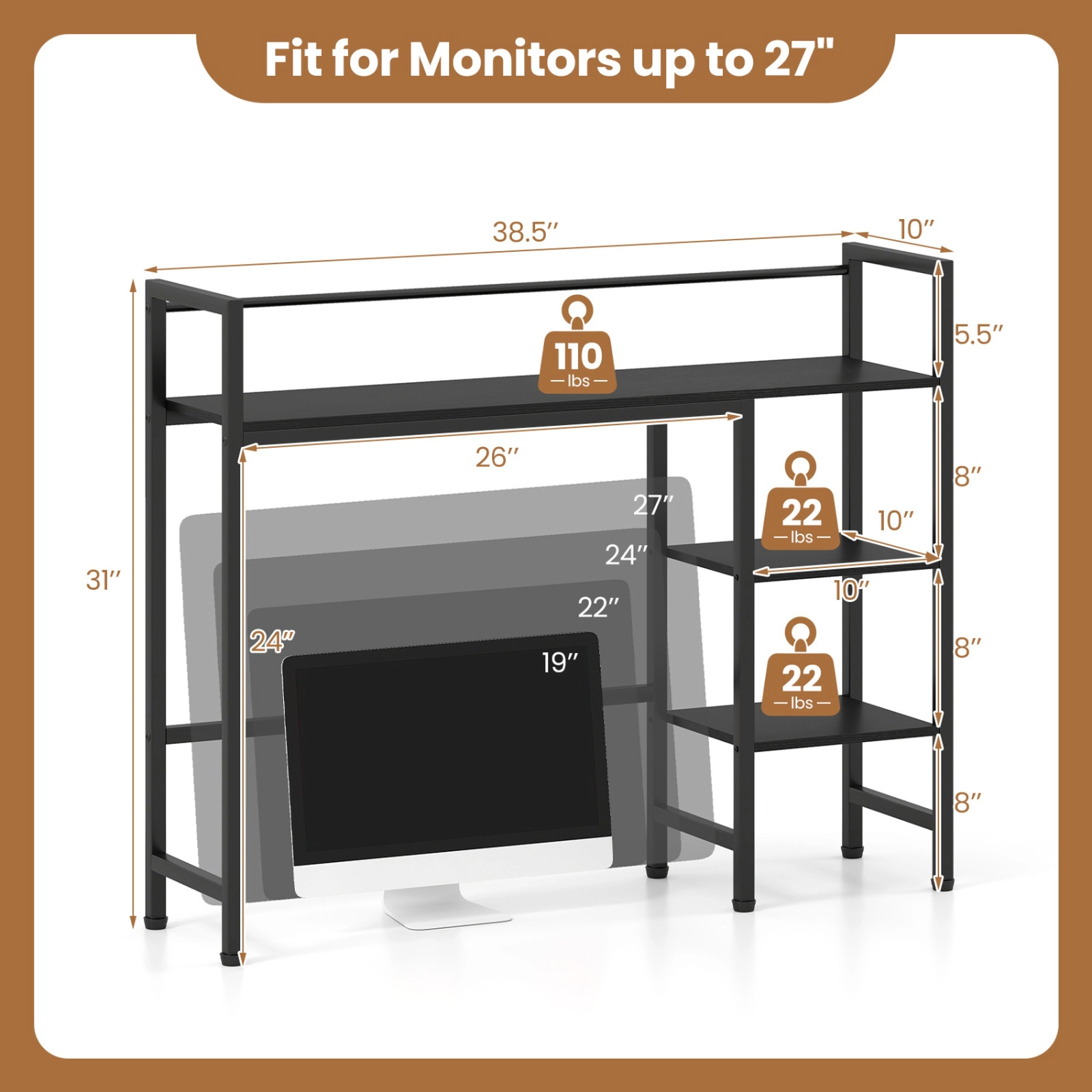 SUGIFT Black 38.5 in Desktop Bookshelf with Metal Frame and Monitor Space