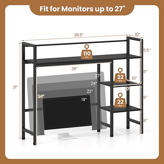 SUGIFT Black Desktop Bookshelf with Metal Frame and Monitor Bay 38.5-in W 10-in D 31-in H 110-lb Top Shelf