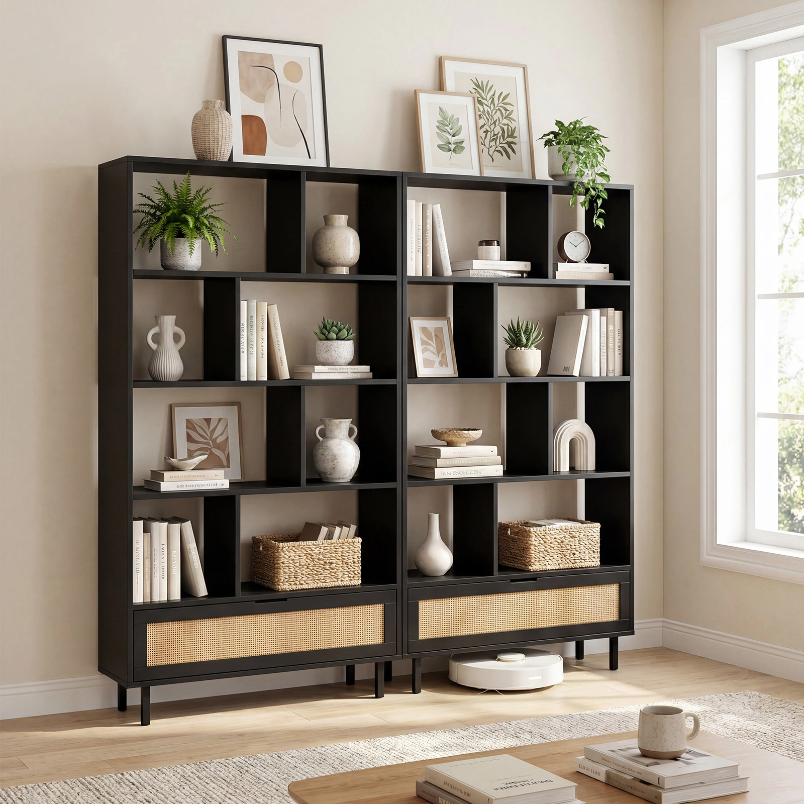 Costway Wooden Bookcase,6-Tier Bookshelf with 8 Open Cubes, Rattan Drawer & Metal Legs Natural