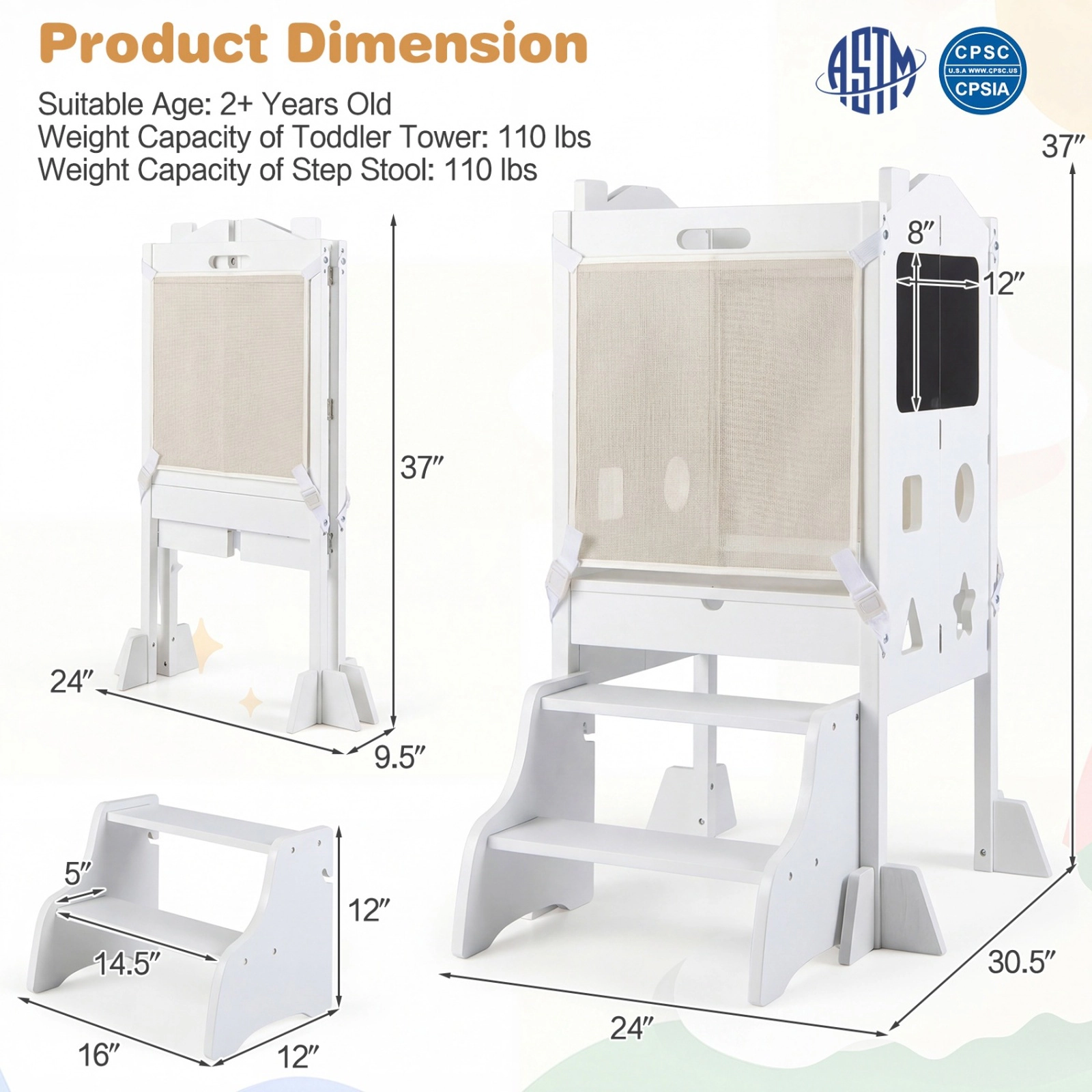 SUGIFT White Foldable Toddler Learning Tower with Chalkboards and 2-Step Stool for Kids Kitchen Helper