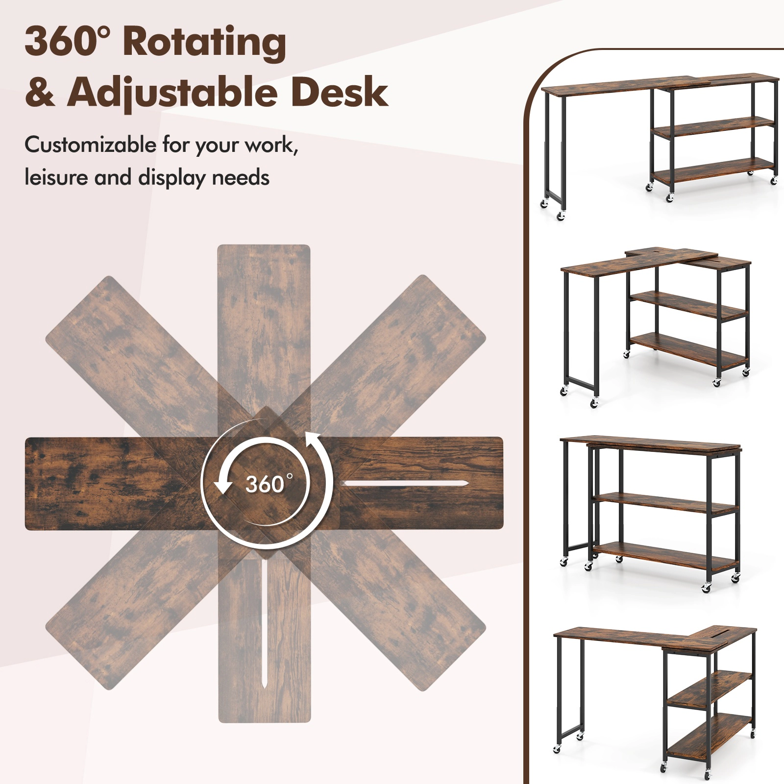 Glintex 360-Degree Rotating Sofa Side Table with Casters and 2 Open Shelves, Rustic Brown