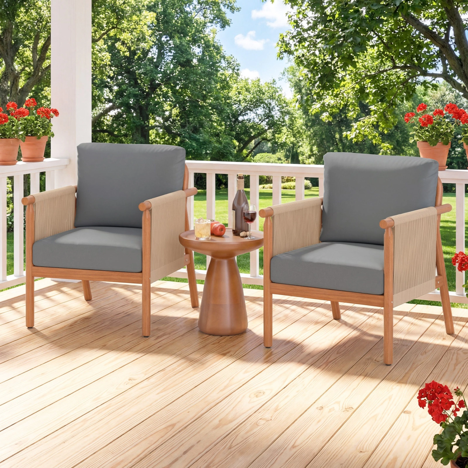 SUGIFT Set of 2 Boho Acacia Wood Outdoor Patio Club Chairs with Woven Rope Armrests
