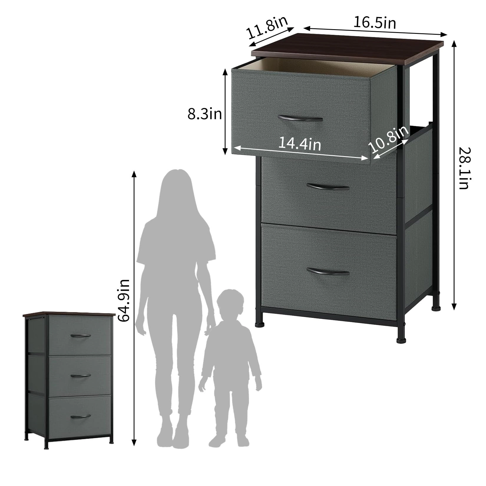 3-Drawer Dresser with Removable Fabric Bins, Slim Wood Grain Storage Organizer for Small Spaces