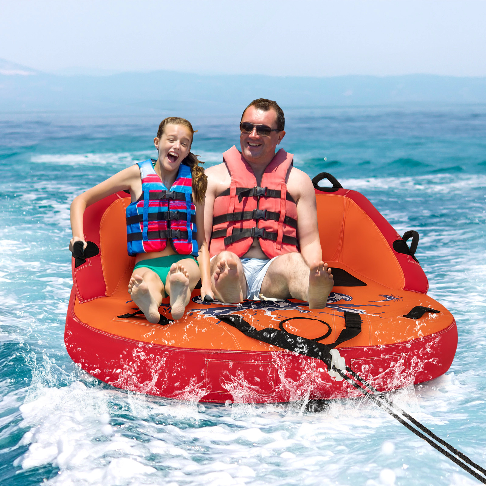 SUGIFT 2-Rider Inflatable Towable Tube, 340 lb Capacity, High Backrest, Dual Tow Points
