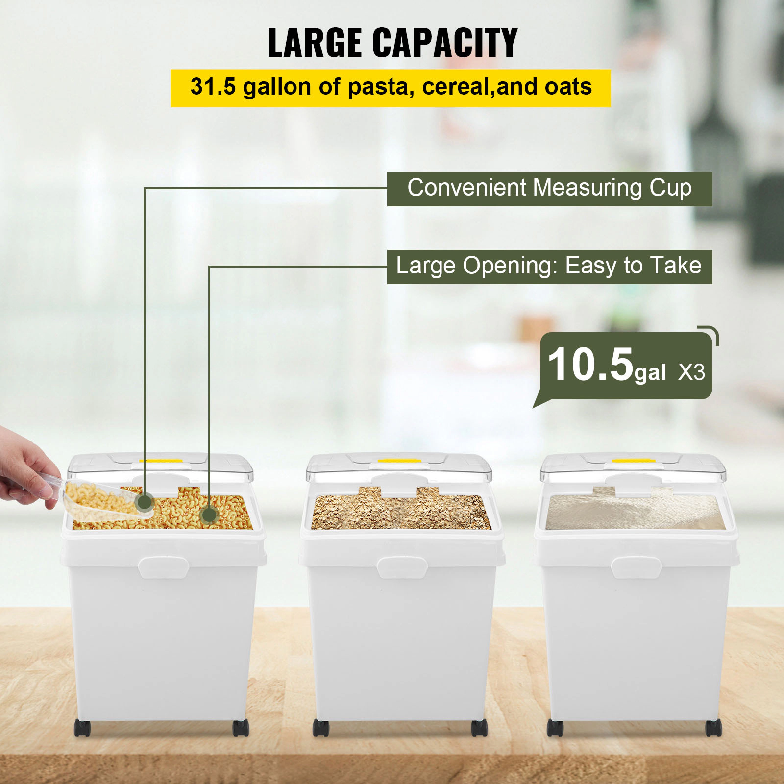 HONGGE 3-Pack 40L/10.5-Gallon Large Rice Storage Container Set with Wheels & Scoops, Airtight Pet Food Bin