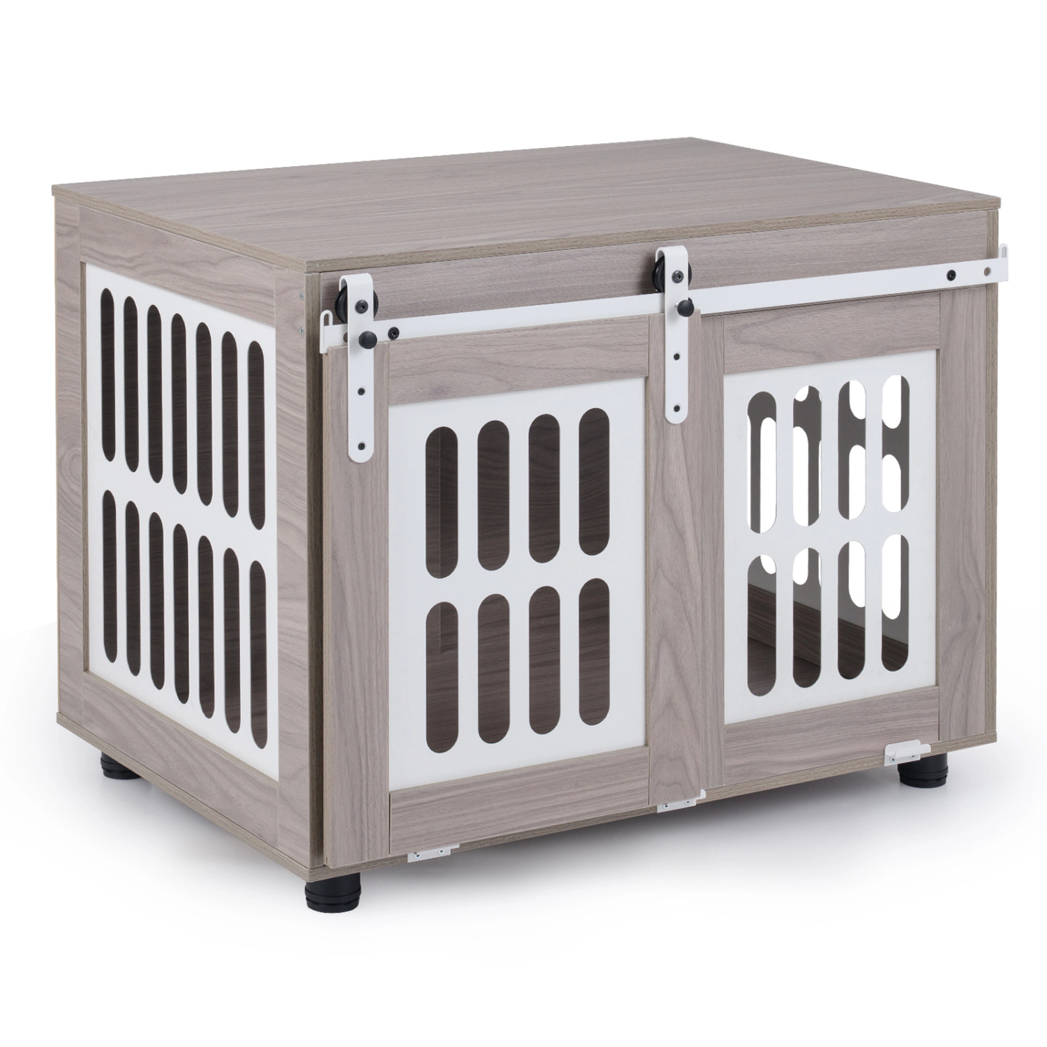 SUGIFT Gray Dog Crate Furniture with Sliding Barn Door Side Metal Windows and Locking Knobs for Dogs