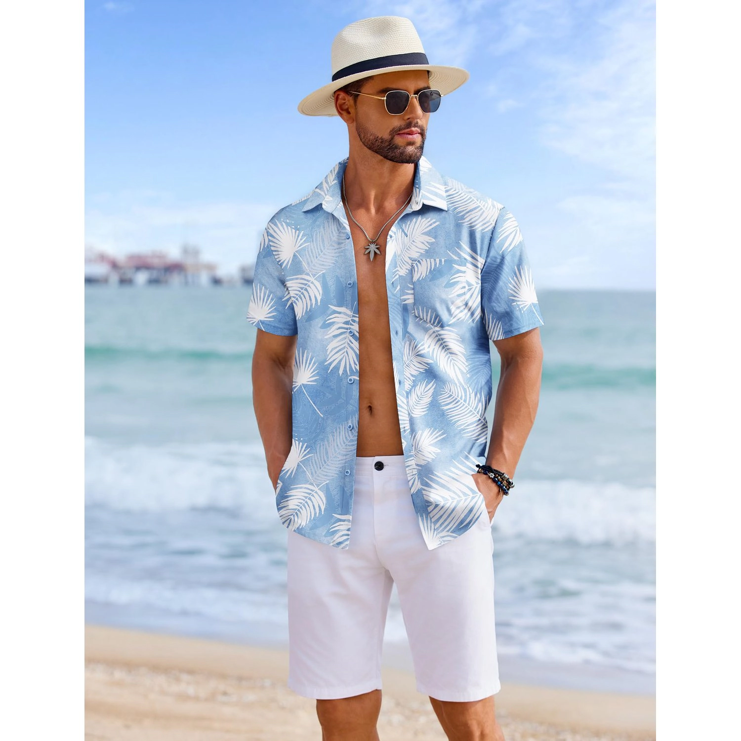 COOFANDY Mens Tropical Leaf Print Short Sleeve Button Down Shirts Casual Beach Tops