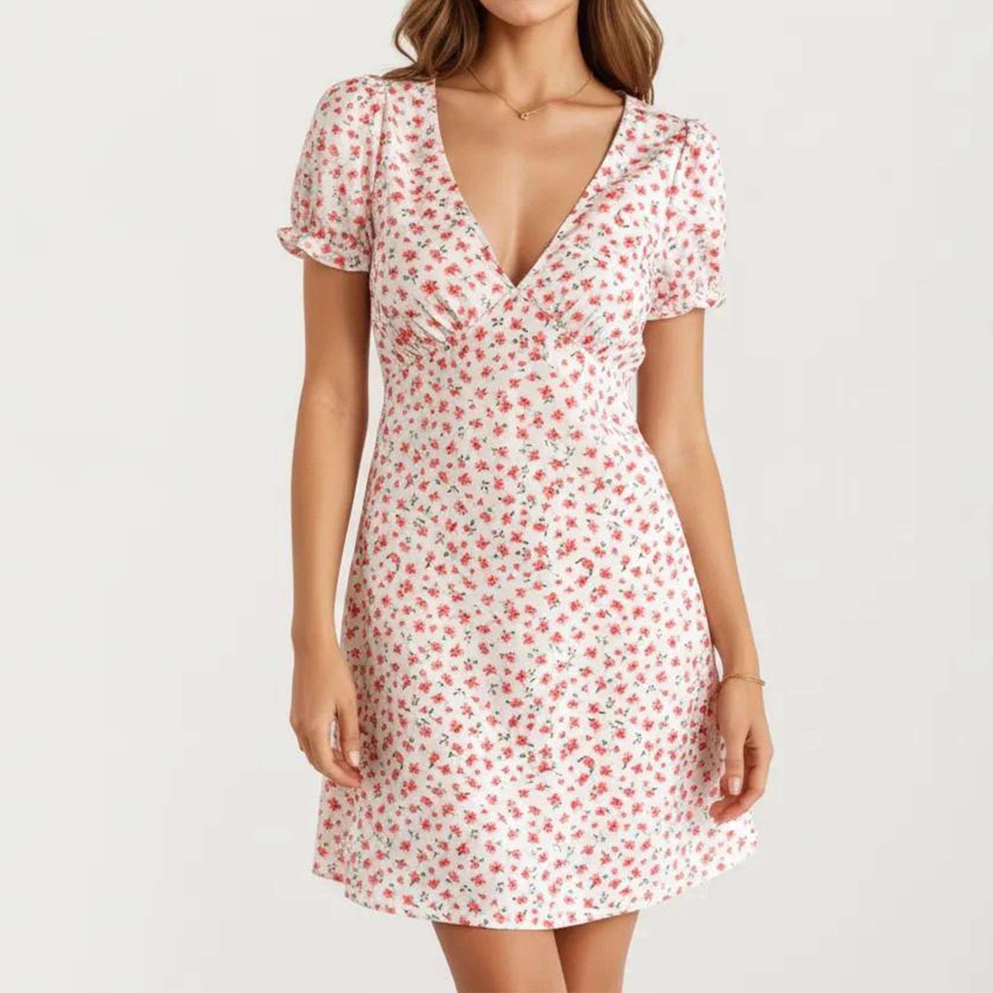 Anna-Kaci Women's Short Sleeve V-Neck Ditsy Floral Mini Dress, Fitted A-Line