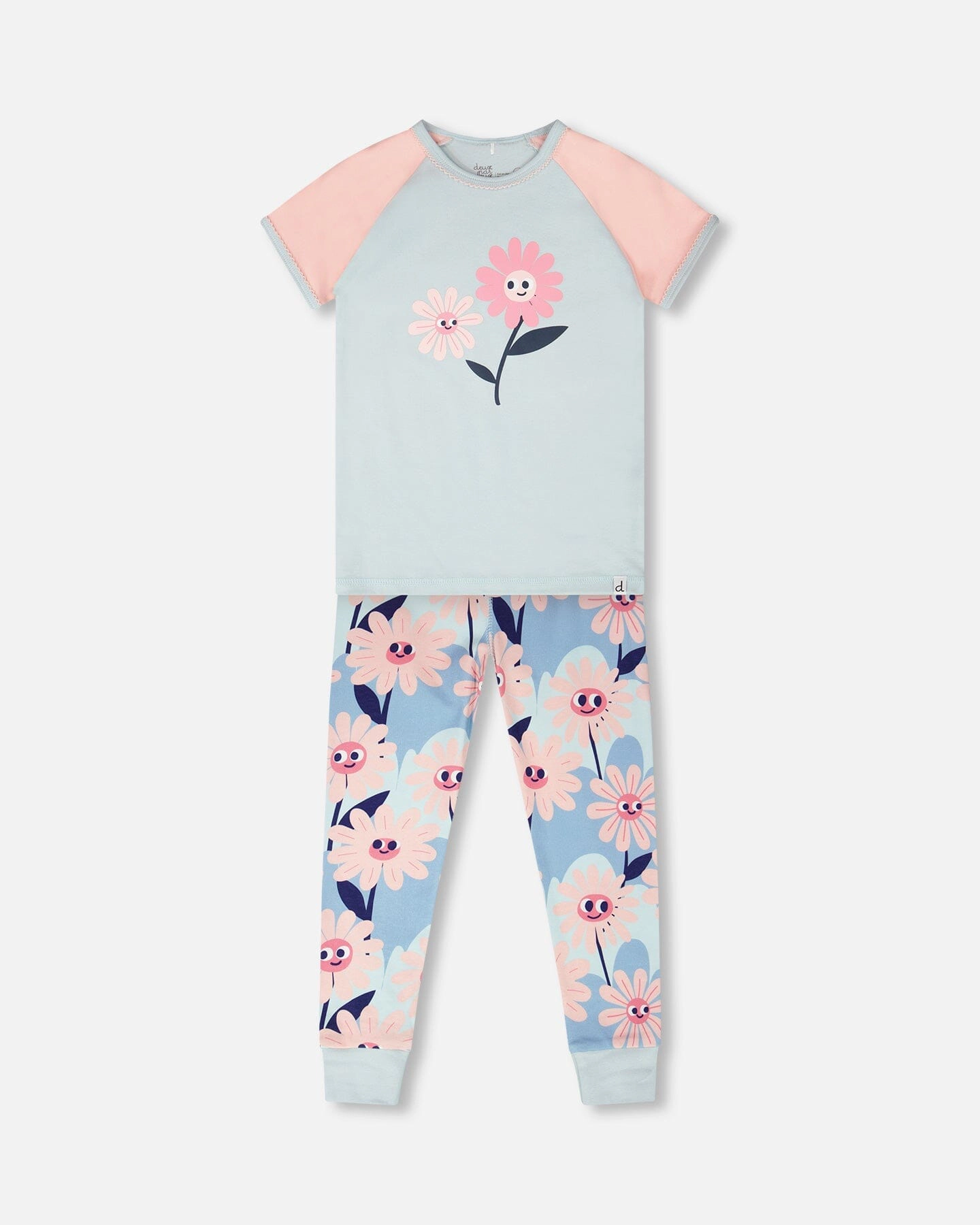 Deux par Girls Organic Cotton Smiling Flower Print Top and Pants Two-Piece Pyjama Set