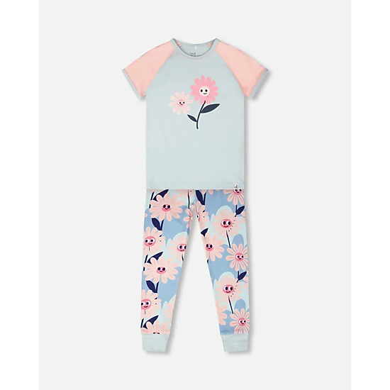 Deux par Deux Girls Organic Cotton Smiling Flower Print Elastic Waist Top and Pants Two-Piece Pyjama Set