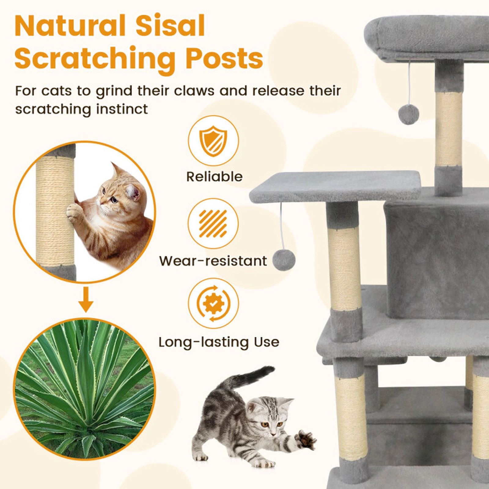 SUGIFT 58-in Light Gray Multi-Level Plush Cat Tree Tower with 14-in Padded Top Perch and Anti-Tip Device