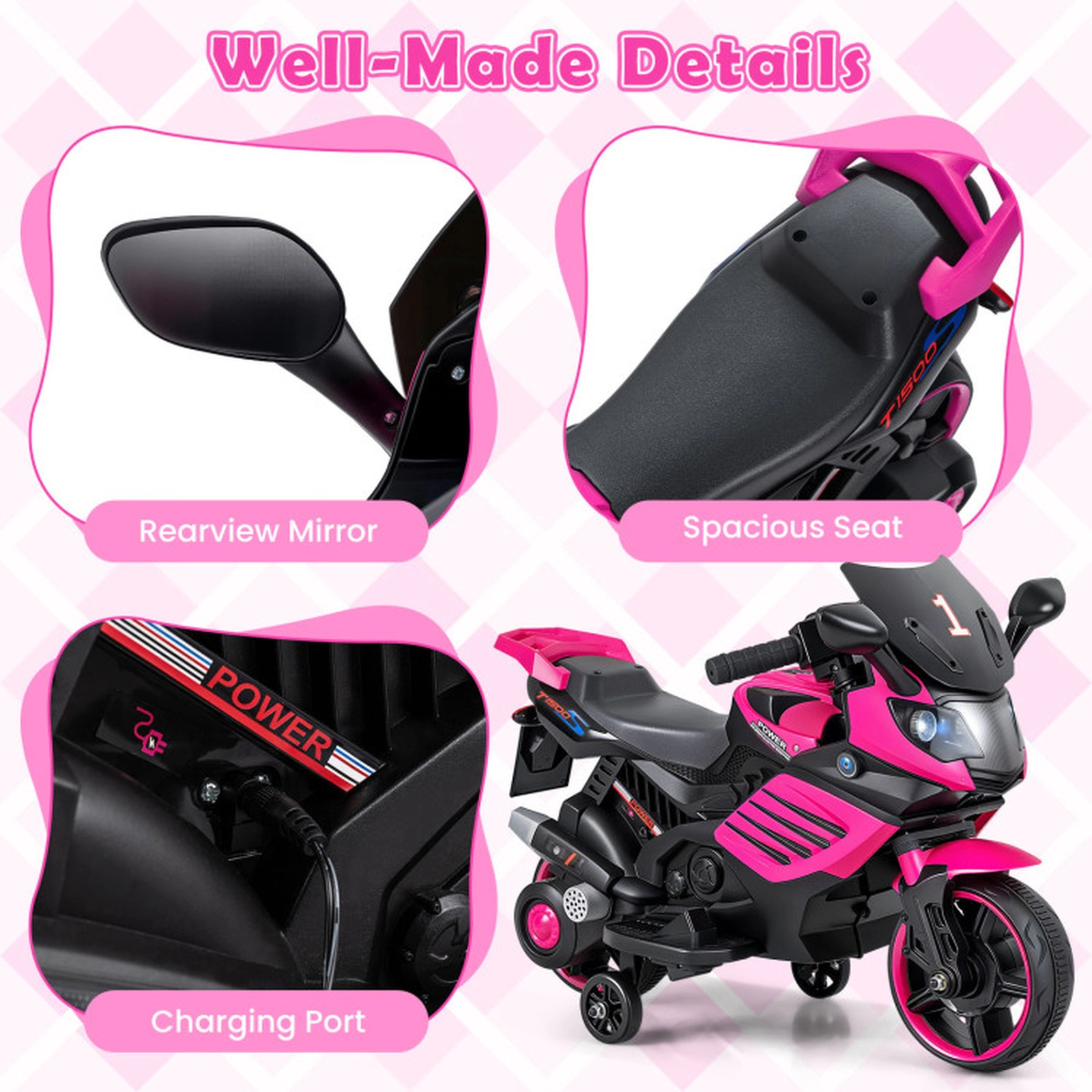 SUGIFT Pink Headlights Music and Detachable Training Wheels 6V Kids Motorcycle