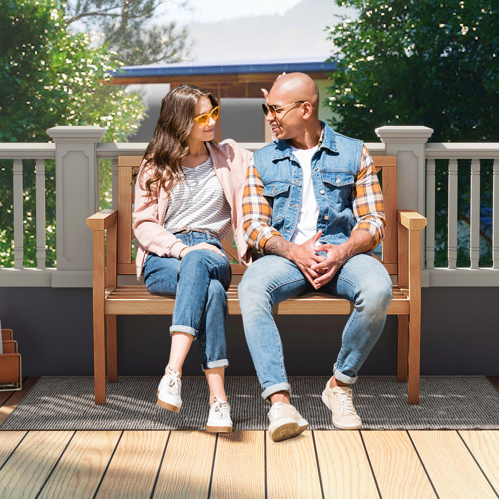 SUGIFT Lattice Backrest and Armrests 2-Person 52 Inch Outdoor Teak Wood Garden Bench