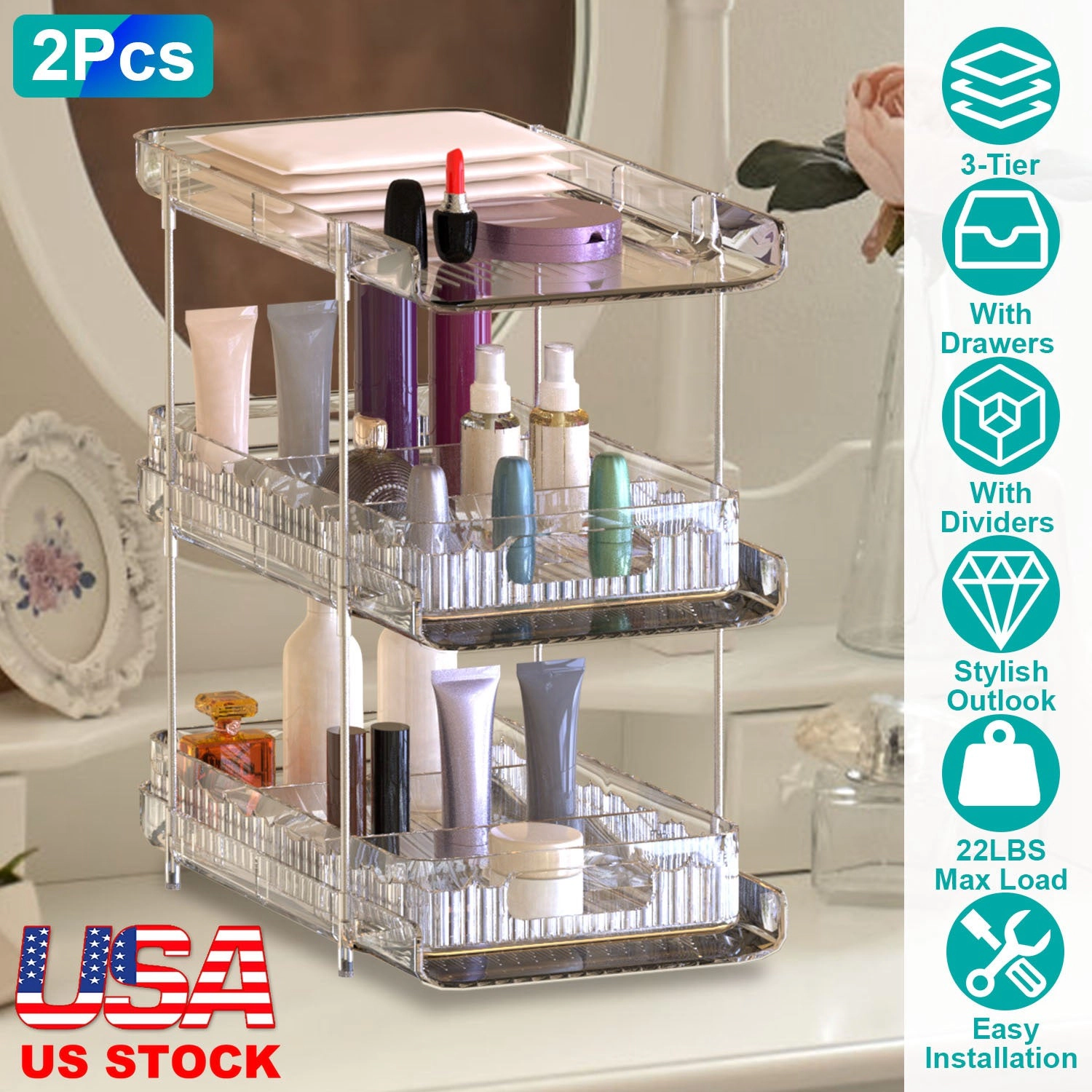 GBruno 2-Pack 3-Tier Clear Organizer With Drawers